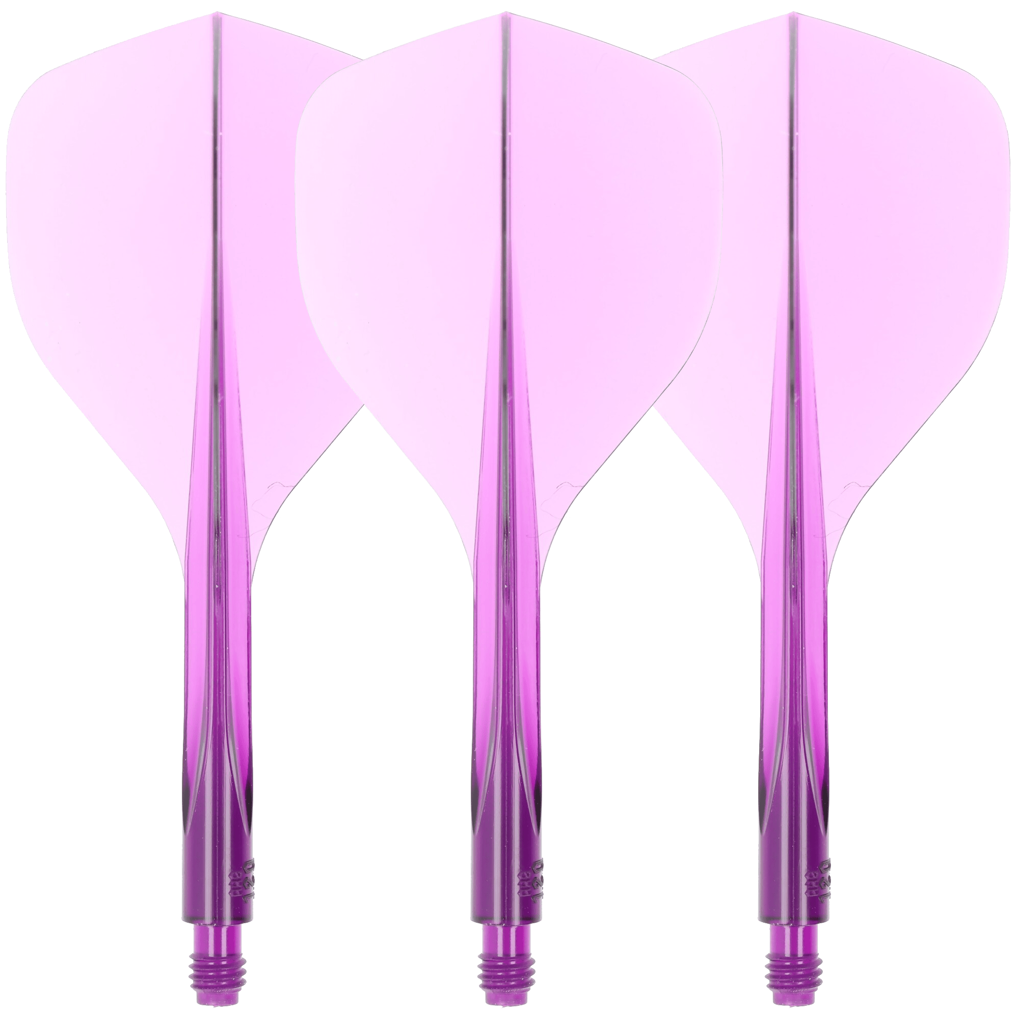 Condor Axe 120 Flight-System Clear Purple - Standard Das Bild zeigt drei klare, lila Dartflights mit integriertem Schaft. Es handelt sich um das Produkt "Condor Axe 120 Flight-System Clear Purple - Standard".