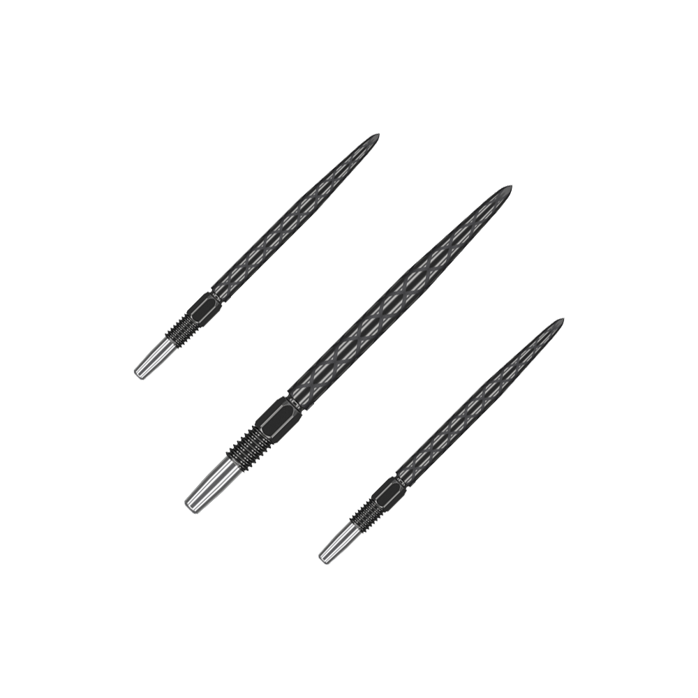 Target Swiss Diamond Pro Black Points dartpunten Auf dem Bild sind drei schwarze Dartspitzen mit Diamantmuster zu sehen. Sie haben ein silberfarbenes Gewinde am Ende zum Befestigen an einem Dartpfeil.