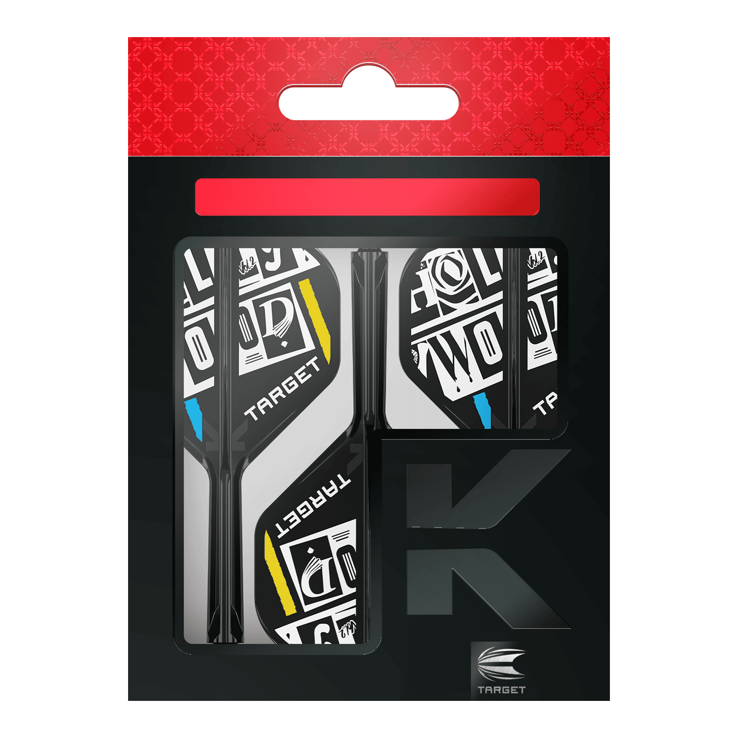 Das Bild zeigt eine Packung der "Target K-Flex Chris Dobey No2 Standard Flights". Die Flights sind schwarz-weiß mit gelben und blauen Akzenten gestaltet und befinden sich in einer schwarzen Verpackung mit rotem Aufhänger.