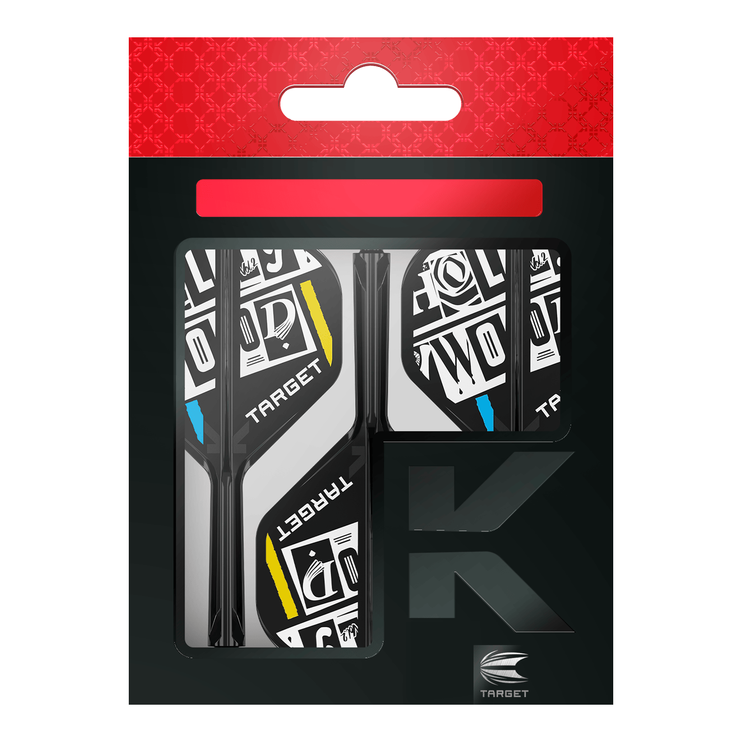 Target K-Flex Chris Dobey No2 Standaard Vluchtas Systeem Das Bild zeigt eine Packung der "Target K-Flex Chris Dobey No2 Standard Flights". Die Flights sind schwarz-weiß mit gelben und blauen Akzenten gestaltet und befinden sich in einer schwarzen Verpackung mit rotem Aufhänger.