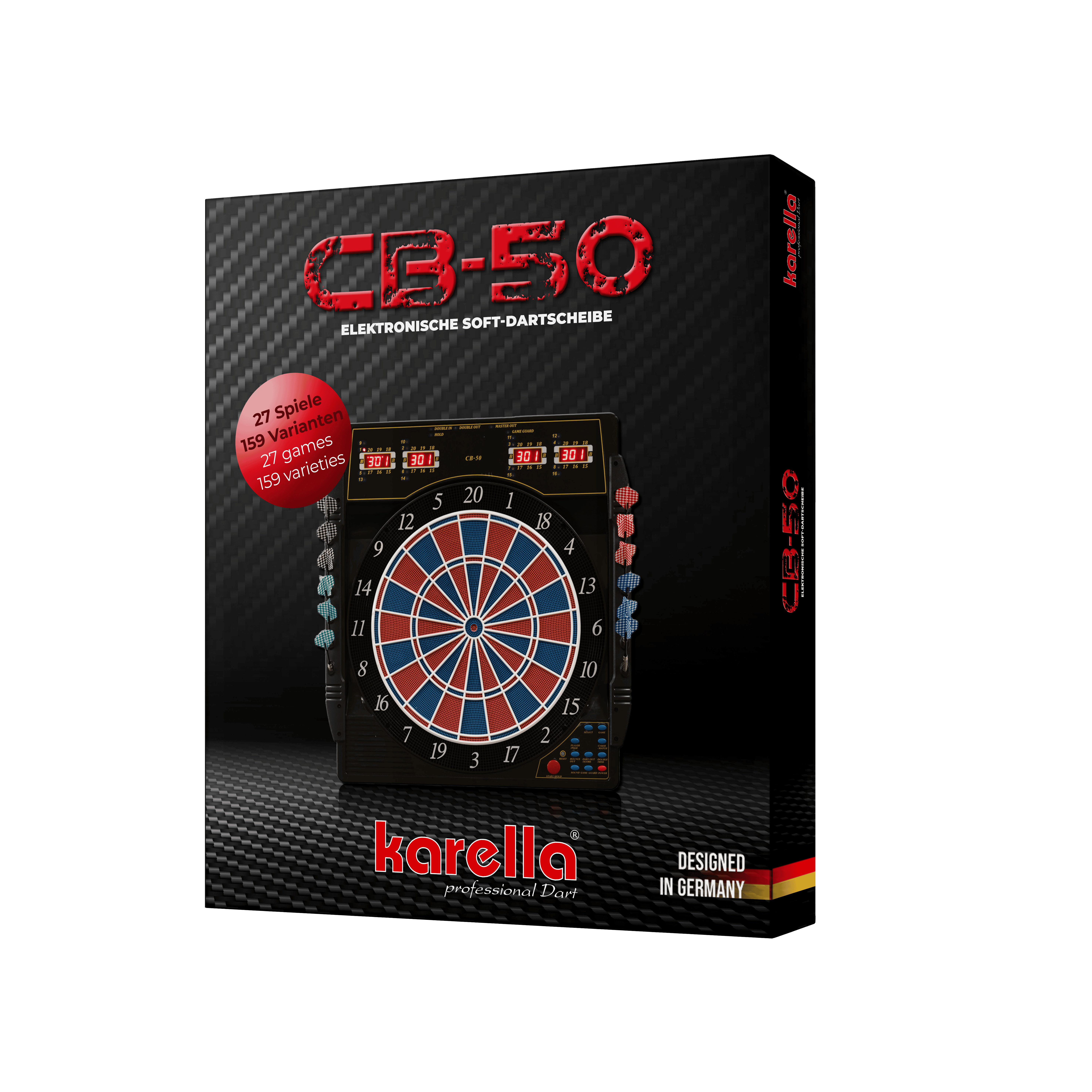 Elektronische Dartscheibe Karella CB 50 Turnierausführung Die Abbildung zeigt die Produktverpackung der elektronischen Dartscheibe Karella CB 50 Turnierausführung. Auf der Verpackung sind Informationen wie „27 Spiele, 159 Varianten“ und „Designed in Germany“ zu sehen.