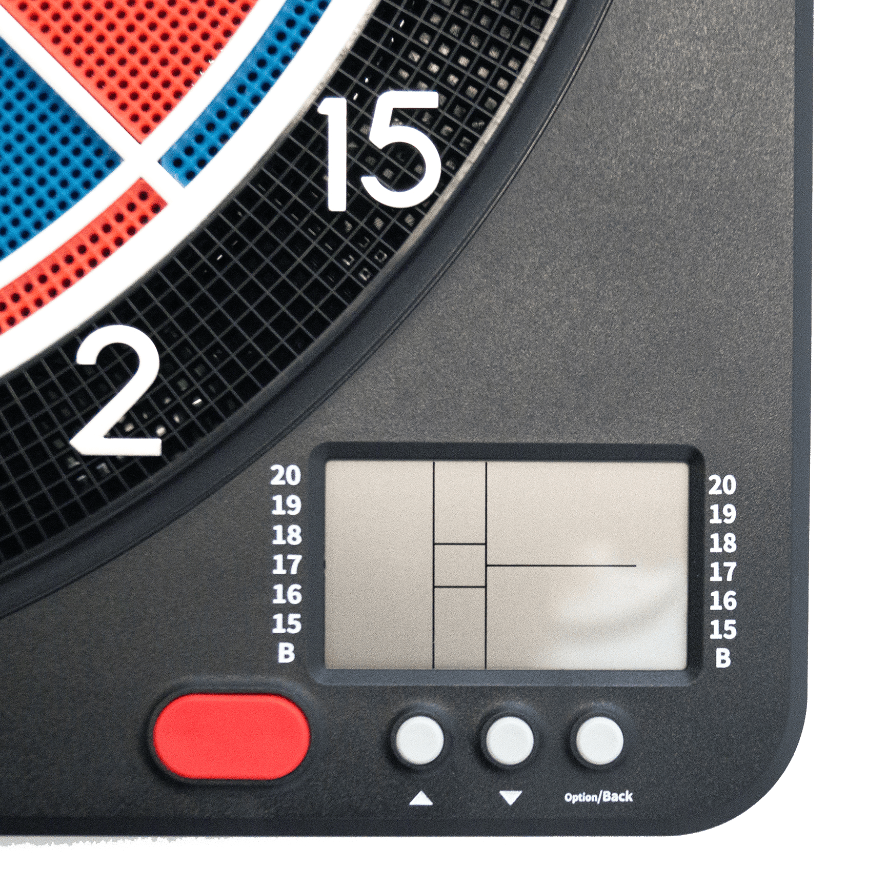 Karella CB-Smart Elektronisch Zacht Dartbord Das Bild zeigt einen Ausschnitt der elektronischen Soft-Dartscheibe "Karella CB-Smart". Zu sehen sind ein Teil der Dartscheibe, das Display und mehrere Bedientasten.
