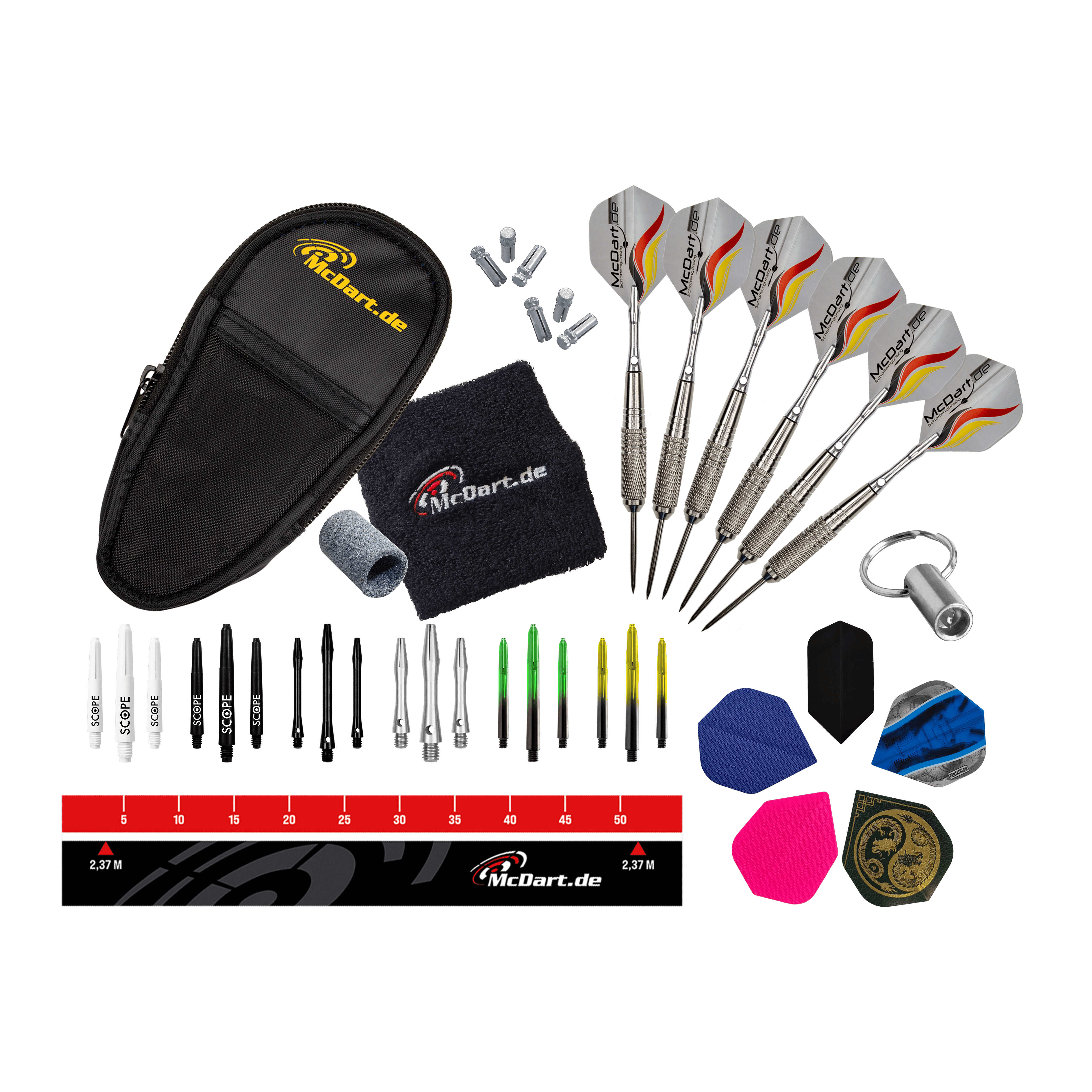McDart Starterpakket Stalen Dart Das Bild zeigt das McDart Starterpack. Es handelt sich um ein Starterset für Dartspieler.