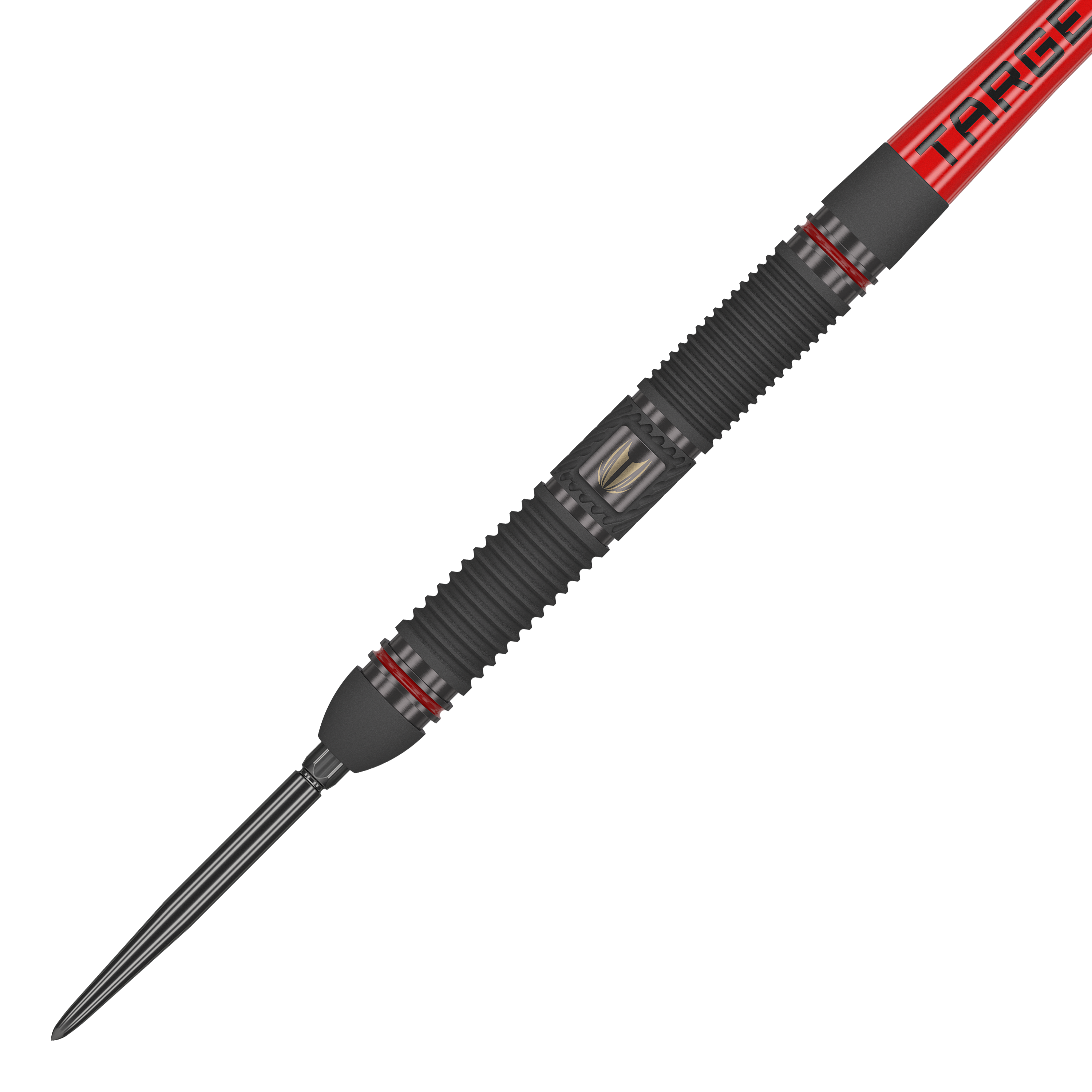 Target Scope 01 Swiss Point stalen darts Das Bild zeigt einen Steeldart namens "Target Scope 01 Swiss Point". Der Dart hat ein schwarzes, geriffeltes Griffstück mit roten Akzenten und einer silbernen Spitze.