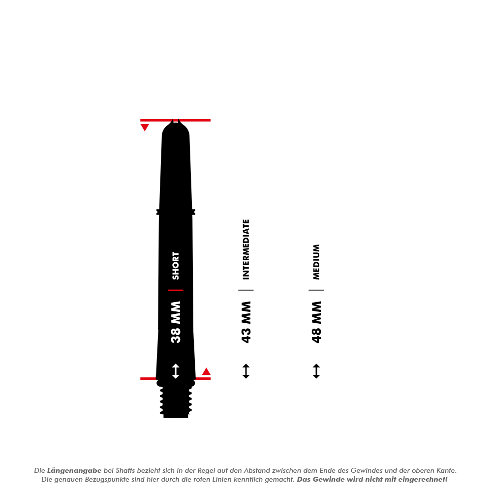 Das Bild zeigt verschiedene Längen von Dartshafts, wobei der kurze Schaft mit 38 mm hervorgehoben ist. Zusätzlich sind die Längen 43 mm (Intermediate) und 48 mm (Medium) als Vergleich angegeben.