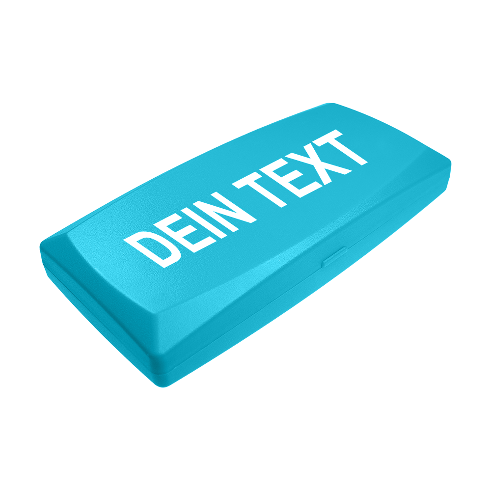 ABS-doos met eigen bedrukking Die Abbildung zeigt eine himmelblaue Kunststoffbox mit abgerundeten Kanten. Auf dem Deckel steht in weißen Großbuchstaben der Text "DEIN TEXT".