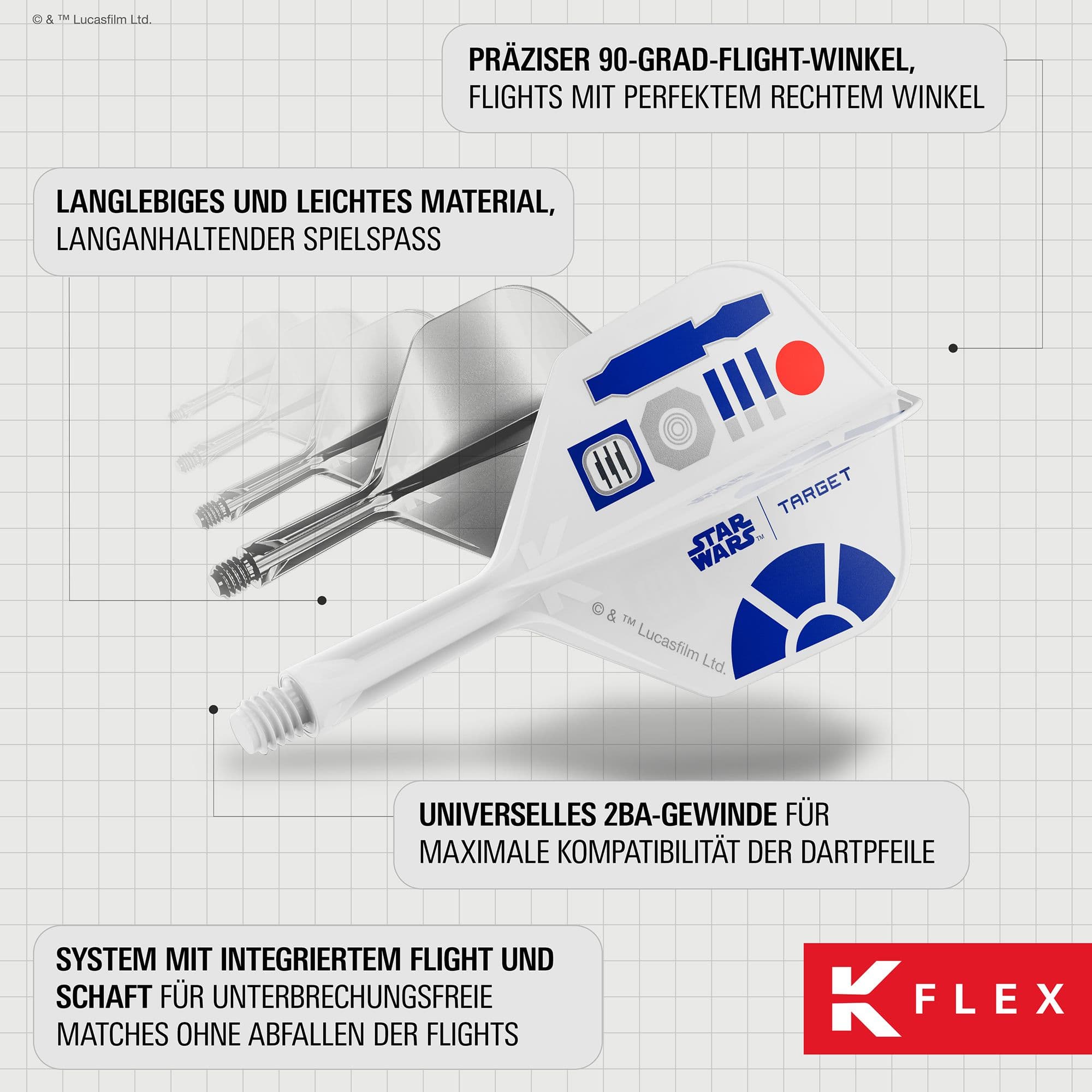 Target Star Wars K-Flex R2D2 No6-vluchten Das Bild zeigt die Target Star Wars K-Flex R2D2 No6 Flights. Sie sind eine dekorative Ergänzung für jeden Dartpfeil im Star Wars Look.