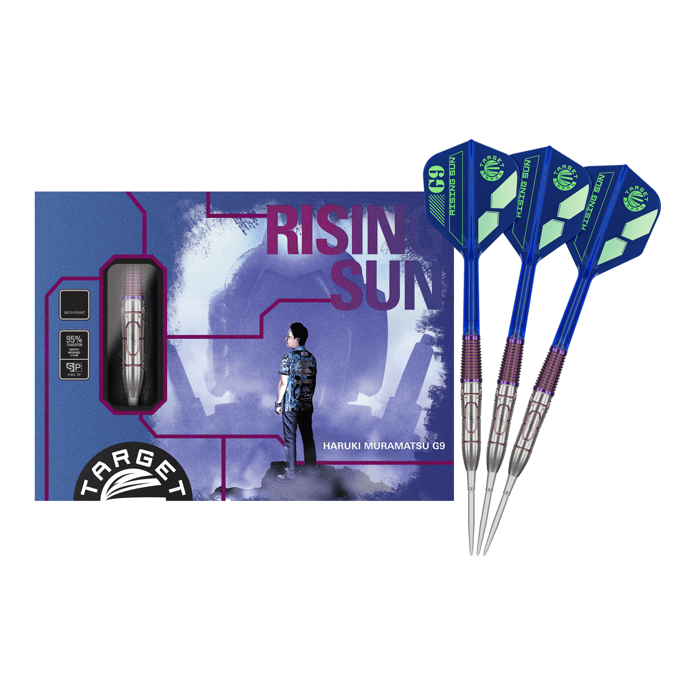Target Japan Haruki Muramatsu Rising Sun GEN9 Steeldarts - 23g Das Bild zeigt das Produkt „Target Japan Haruki Muramatsu Rising Sun GEN9 Steeldarts - 23g“. Auf der Verpackung ist eine Person abgebildet, daneben sind drei blaue Steeldarts zu sehen.