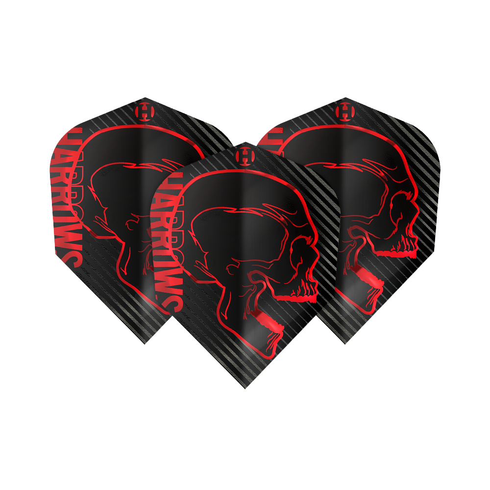 Harrows Rage Red No6-vluchten Das Bild zeigt drei schwarze Dartflights mit einem roten Totenkopfdesign und dem Schriftzug "Harrows" an der Seite. Die Flights sind Teil des Produkts "Harrows Rage Red No6 Flights".