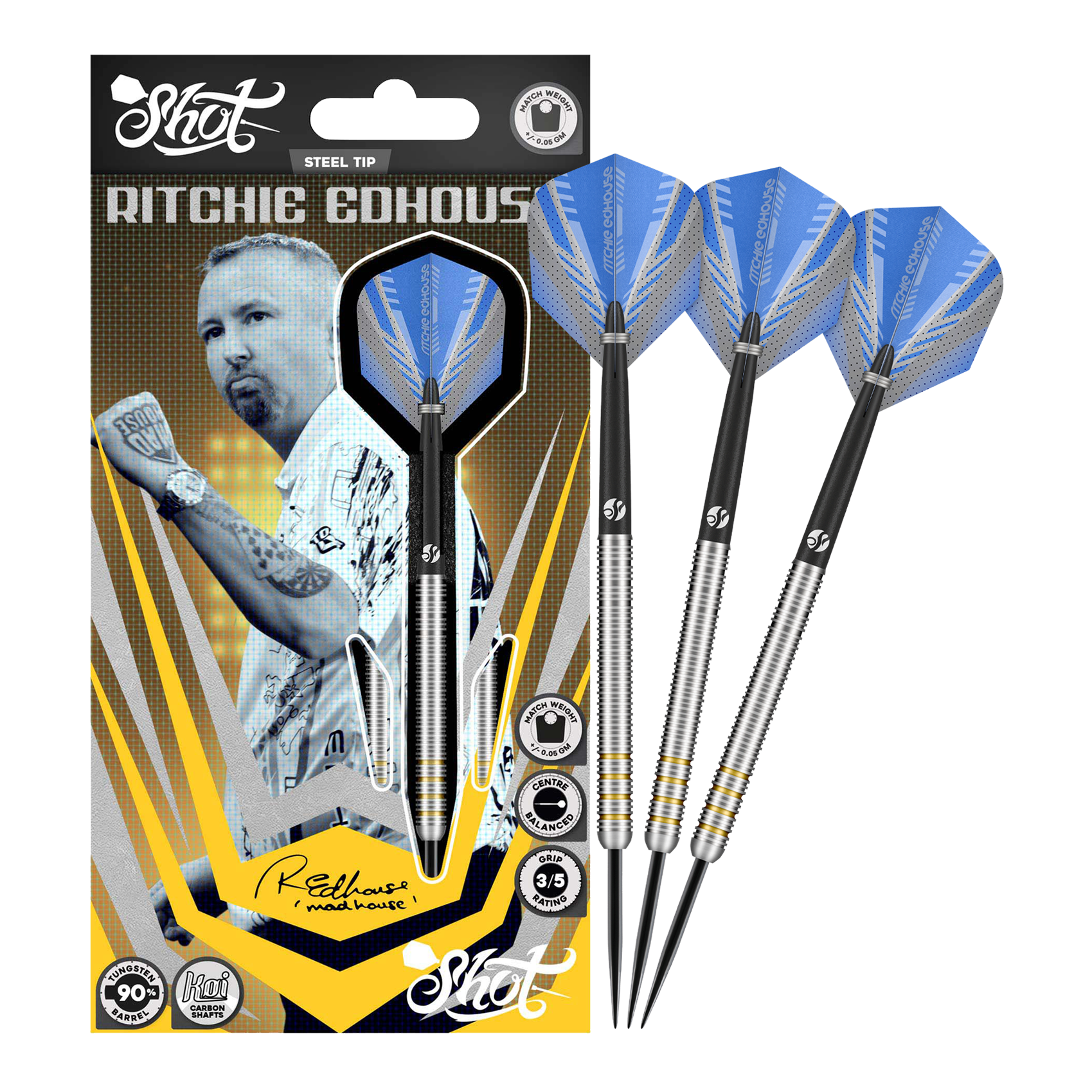 Shot Ritchie Edhouse Core Steel Darts Abgebildet sind die Shot Ritchie Edhouse Core Steeldarts in voller Ansicht. Sie überzeugen durch ihr hochwertiges Design.