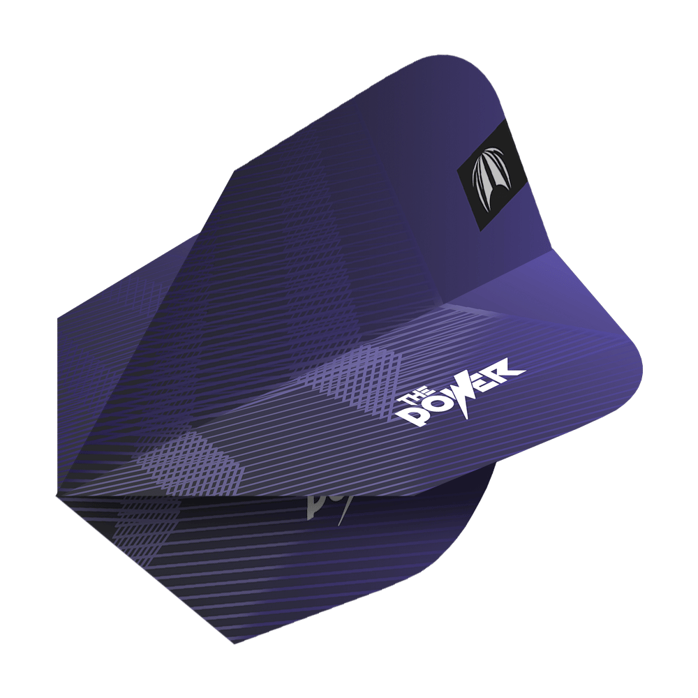 Target Pro Ultra Phil Taylor Power GEN10 Tien-X-vluchten - 3 sets Das Bild zeigt ein Set von lila Dart-Flights mit dem Aufdruck "The Power". Es handelt sich um die Target Pro Ultra Phil Taylor Power GEN10 Ten-X Flights.