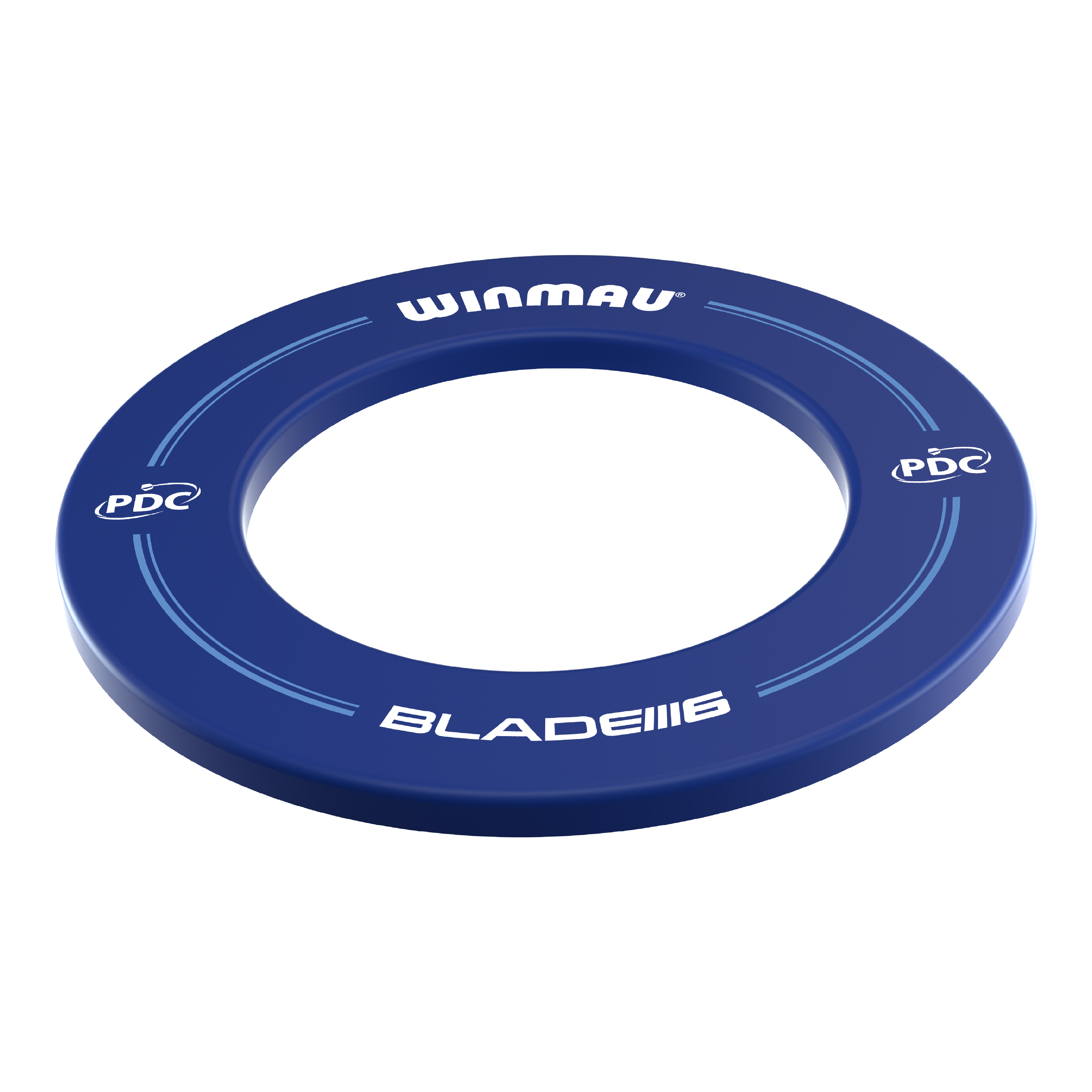 Das Bild zeigt ein blaues Dartboard-Surround der Marke Winmau mit der Aufschrift "BLADE 6" und "PDC". Es ist rund und dient zum Schutz der Wand rund um eine Dartscheibe.