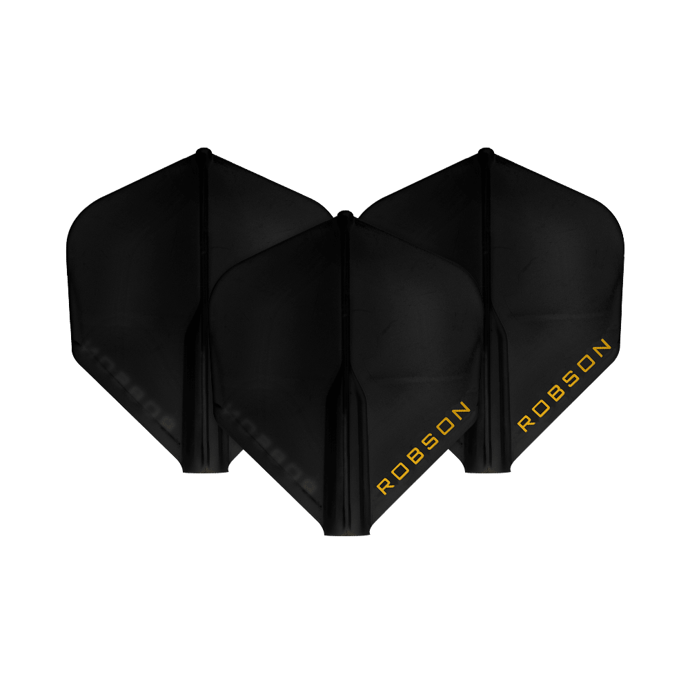 Robson Plus Standard Flights Auf dem Bild sind drei schwarze Dart-Flights zu sehen. Auf jedem Flight steht das Wort "ROBSON" in gelber Schrift.