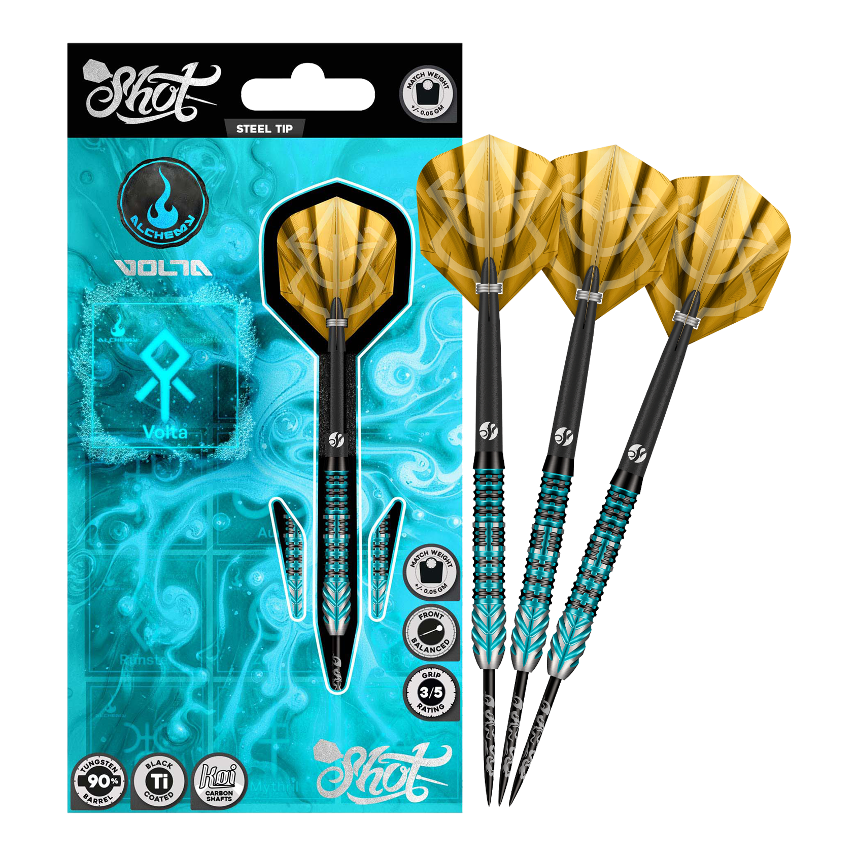 Shot Alchemy Volta stalen pijlen Das Bild stellt die Shot Alchemy Volta Steeldarts dar. Die Steeldarts sind hochwertig verarbeitet.