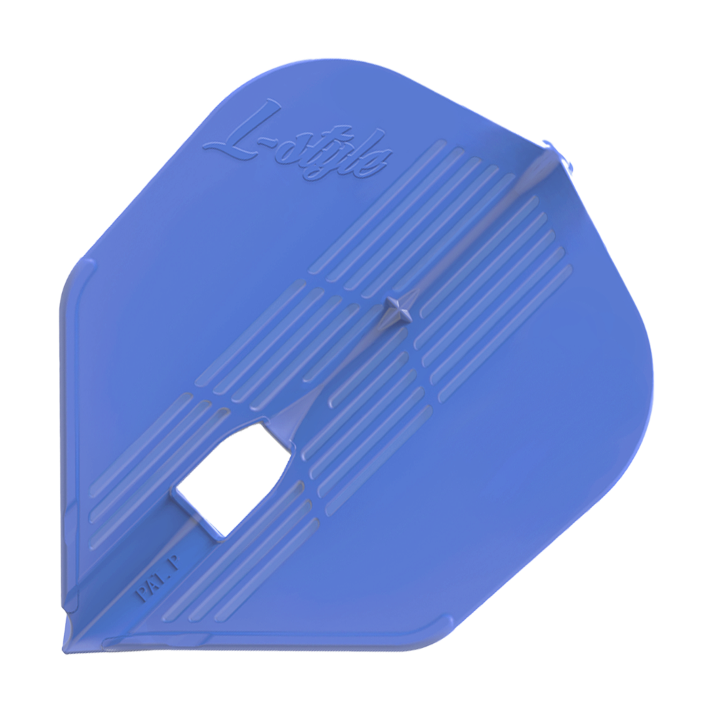 L-Style KAMI L3PRO-vluchten Das Bild zeigt ein blaues Dartflight mit dem Schriftzug "L-style" darauf. Das Flight hat eine eckige Form und gerillte Muster.