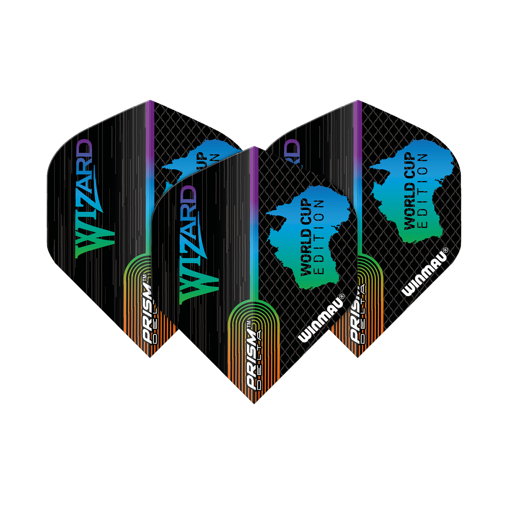 6915-237_Winmau_Simon_Whitlock_World_Cup_Special_Edition_Standard_Flights_1TCCzvaL84lPSL Das Bild zeigt drei Dart-Flights der Marke Winmau, Simon Whitlock World Cup Special Edition. Die Flights sind schwarz mit farbigen Details und den Aufschriften "Wizard" und "World Cup Edition".