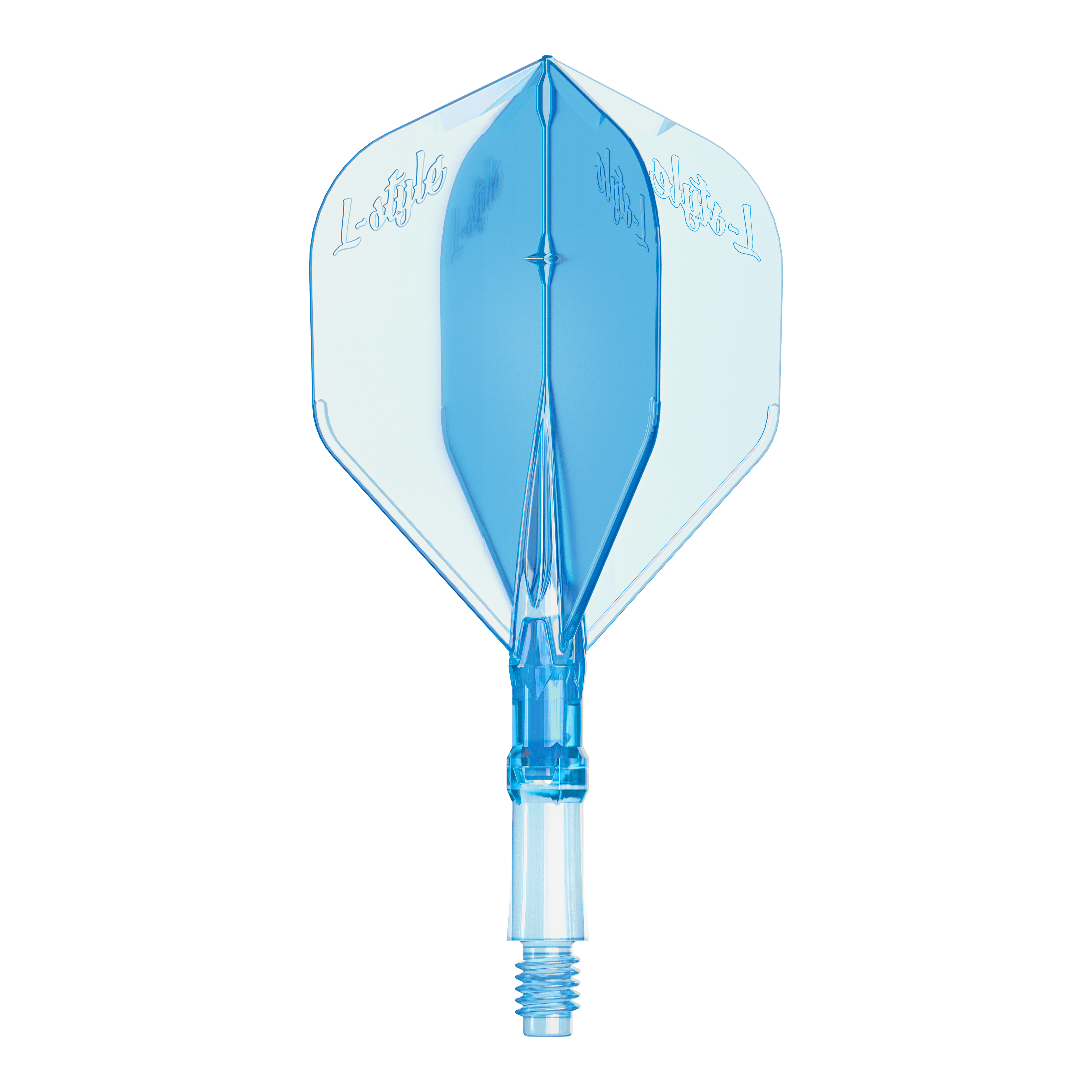 Abgebildet ist ein L-Style L-System Flight in klarer blauer Farbe, Größe Small. Es ist ein Ersatz-Flight für Dartpfeile.