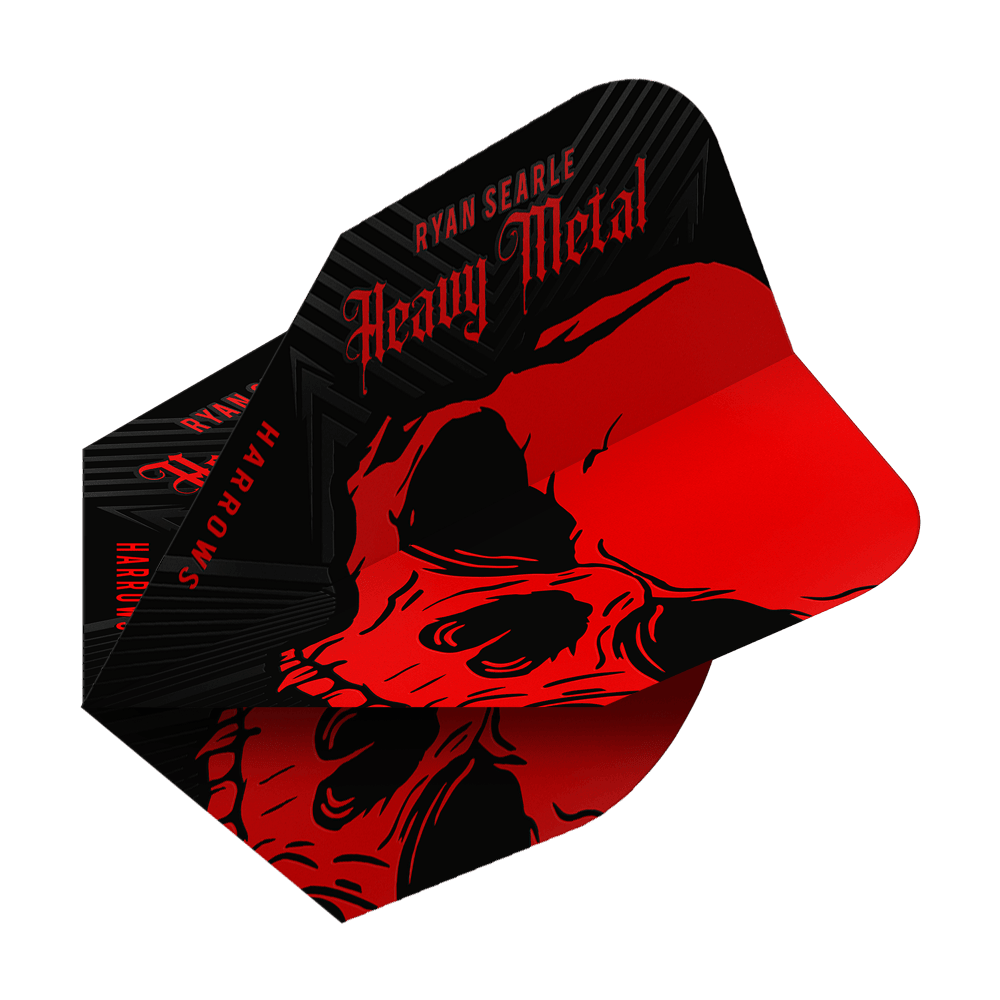 Ryan Searle van Harrow Heavy Metal No6 Flights Das Bild zeigt das Produkt "Harrows Ryan Searle Heavy Metal No6 Flights". Die Flights sind schwarz und rot gestaltet und zeigen einen auffälligen Totenkopf mit dem Schriftzug "Heavy Metal".