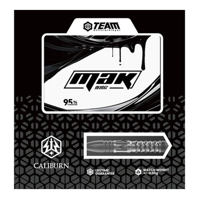 Caliburn Player MAK Steeldarts - 23,5g Das Bild zeigt die Verpackung der Caliburn Player MAK Steeldarts mit einem Gewicht von 23,5g. Die Verpackung hebt das moderne Design und eine Lebenszeitgarantie hervor.