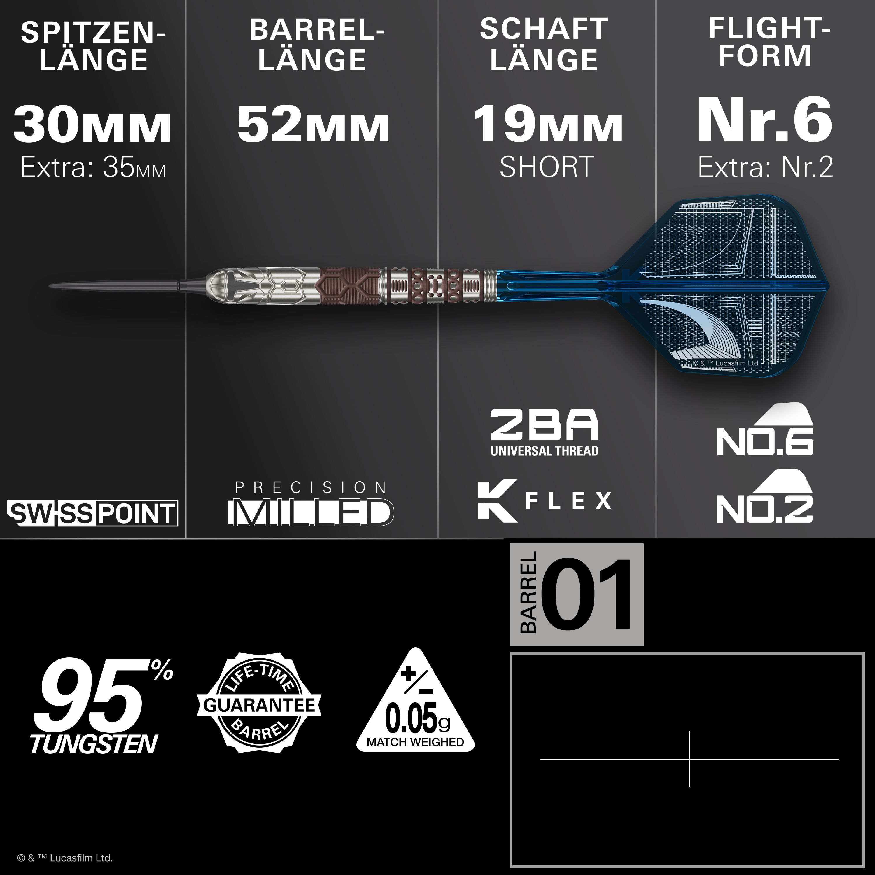 Target Star Wars Mandalorian 95 Swiss Point stalen dartpijlen Zu sehen ist das Produkt Target Star Wars Mandalorian 95 Swiss Point Steeldarts. Die Abbildung hebt das einzigartige Design dieser Dartpfeile hervor.
