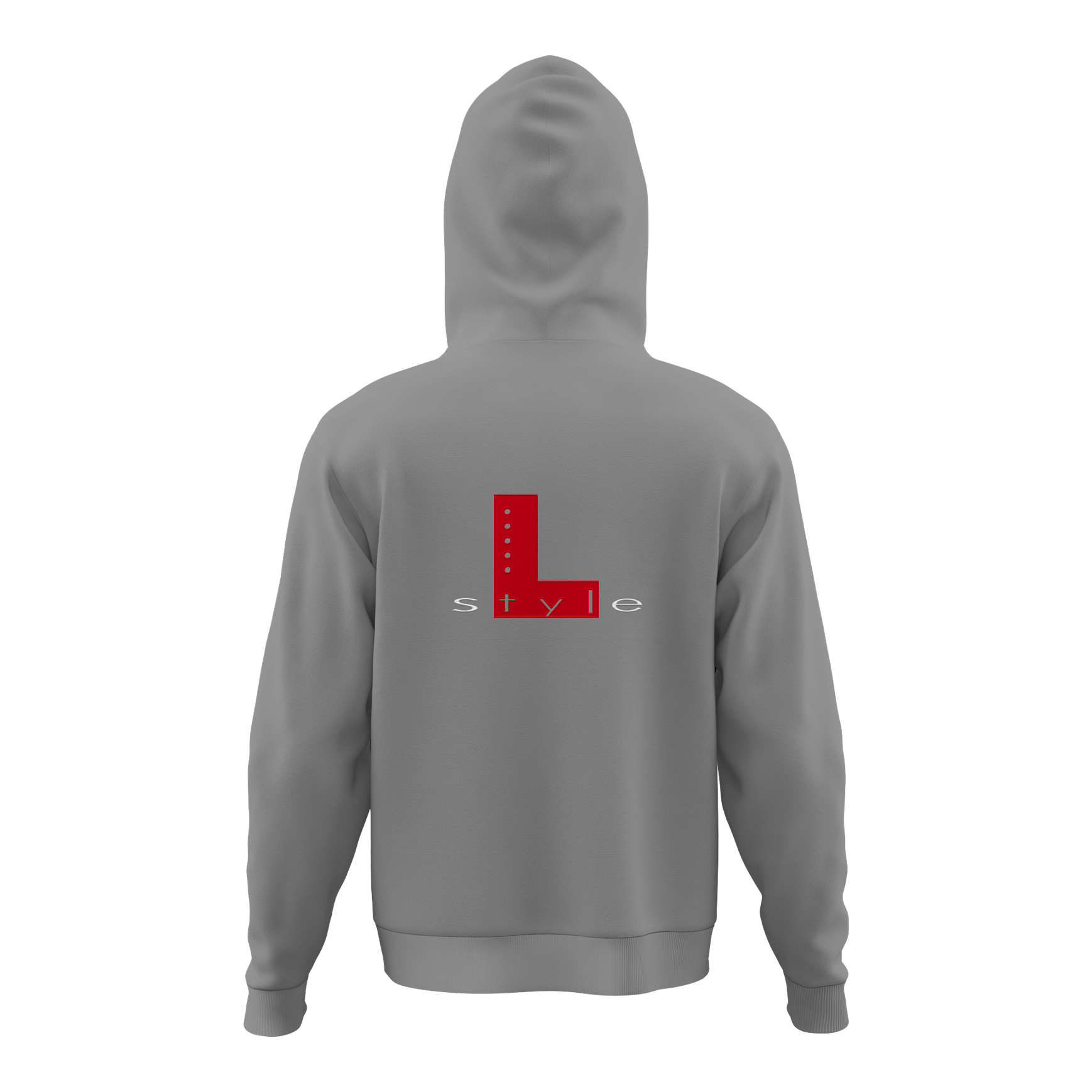 L-Style hoodie - grijs Der Hoodie ist grau und hat auf der Rückseite ein großes rotes "L" mit dem Wort "style" darunter. Das Design ist schlicht und modern gehalten.