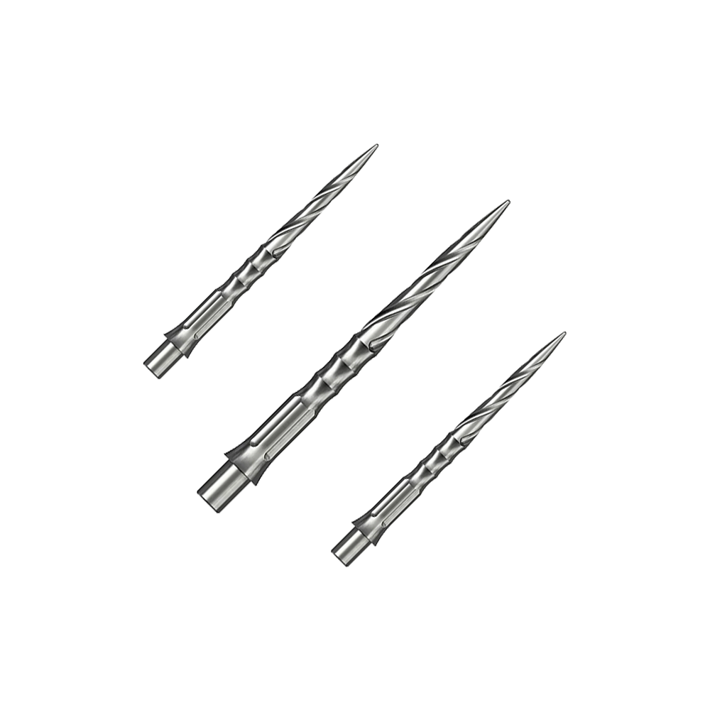 Caliburn System stalen dartpunten - Spiro - NoLip - zilver Das Bild zeigt ein Set von Caliburn Evo System Steeldartspitzen in Silber, 28 mm lang und mit Spiro-Design. Mehrere Spitzen sind geordnet dargestellt.