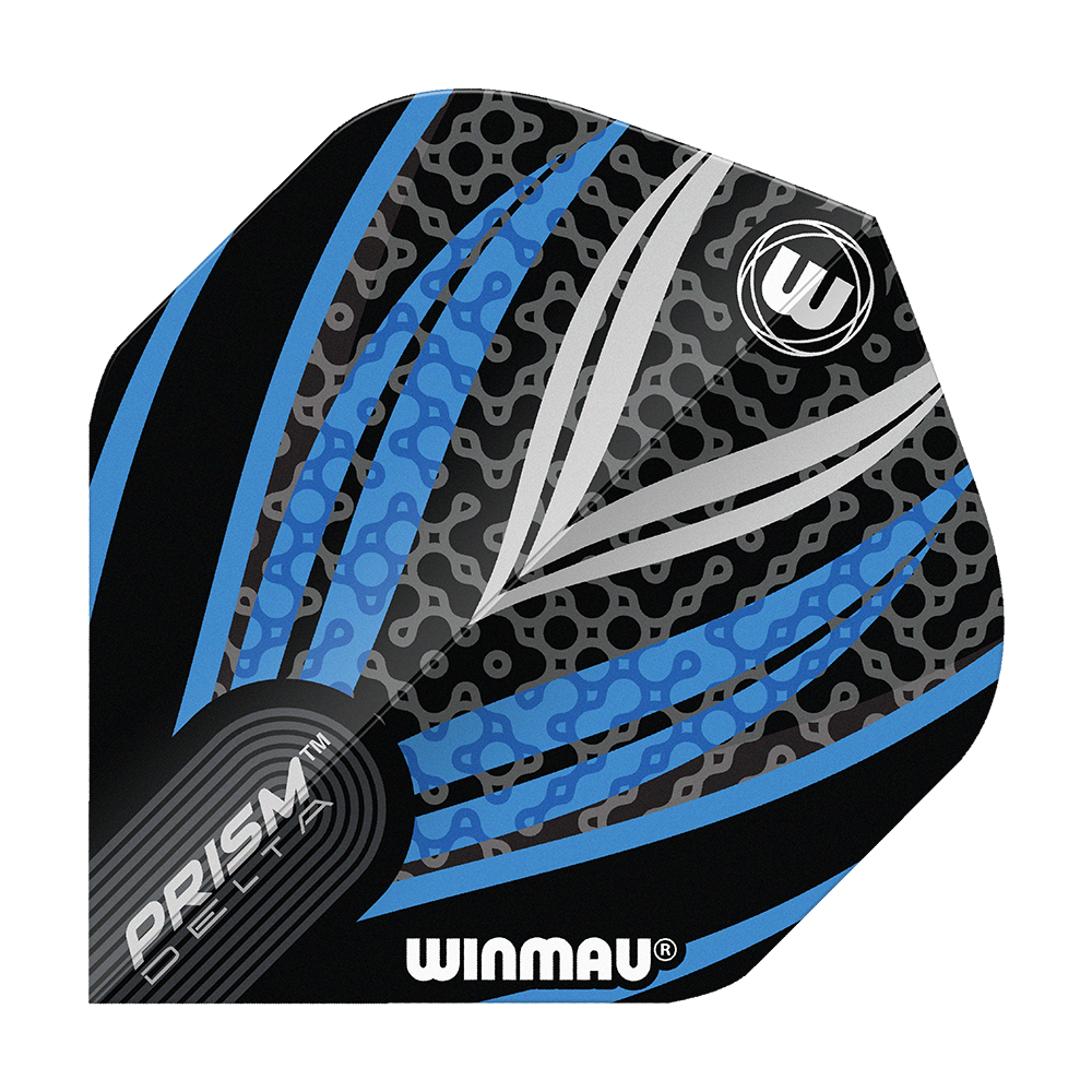 Winmau Prism Delta Zwart Wit Blauw Nr. 2 Standaardvluchten Das Bild zeigt ein Winmau Prism Delta Flight in den Farben Schwarz, Weiß und Blau. Das Design ist modern mit auffälligen Linien und Mustern.