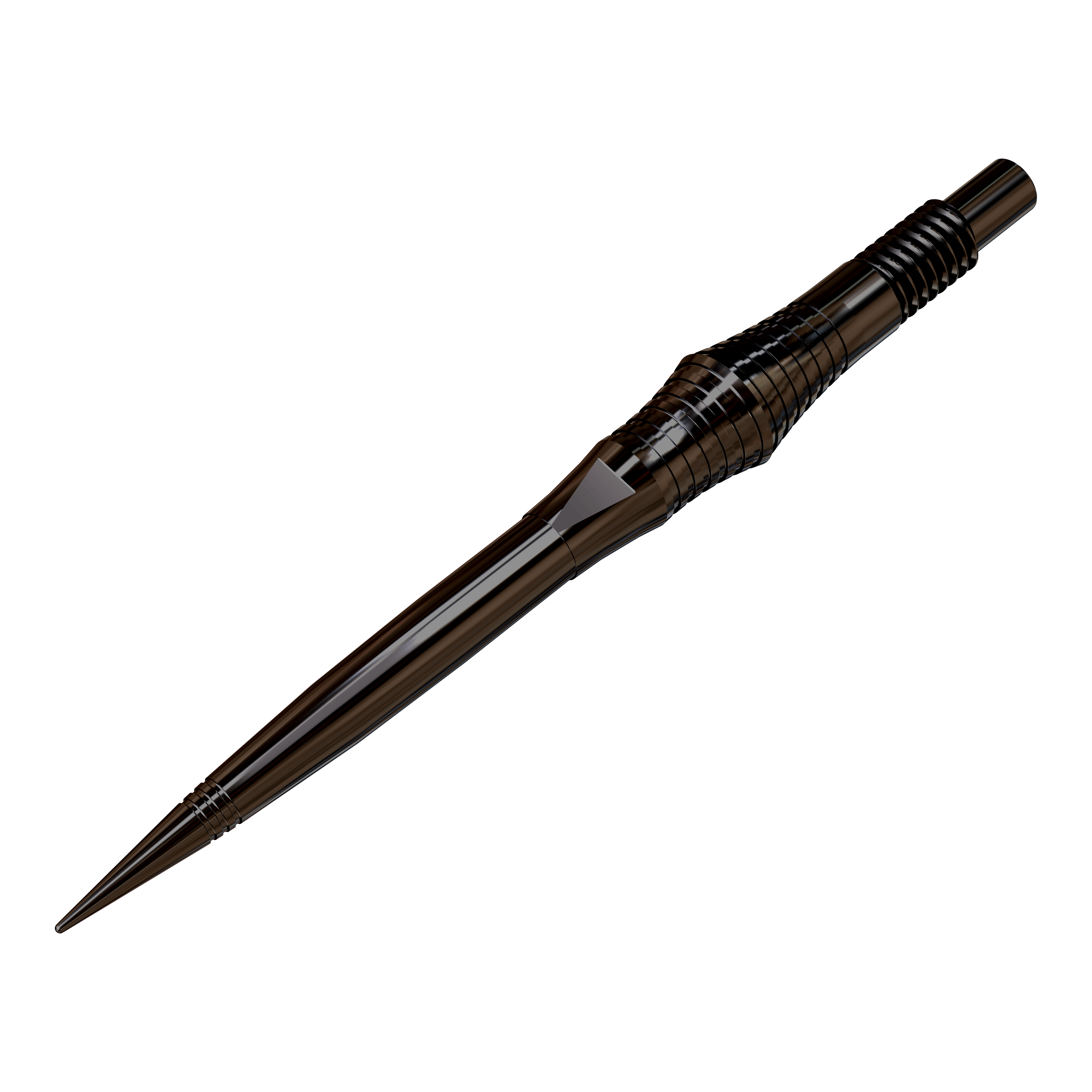 Harrows Quick Point Spire Elite Series dartpunten - Zwart Zu sehen sind schwarze Dartspitzen, die auf einer ebenen Fläche ausgebreitet sind. Die Spitzen werden aus einer leicht schrägen Perspektive präsentiert.