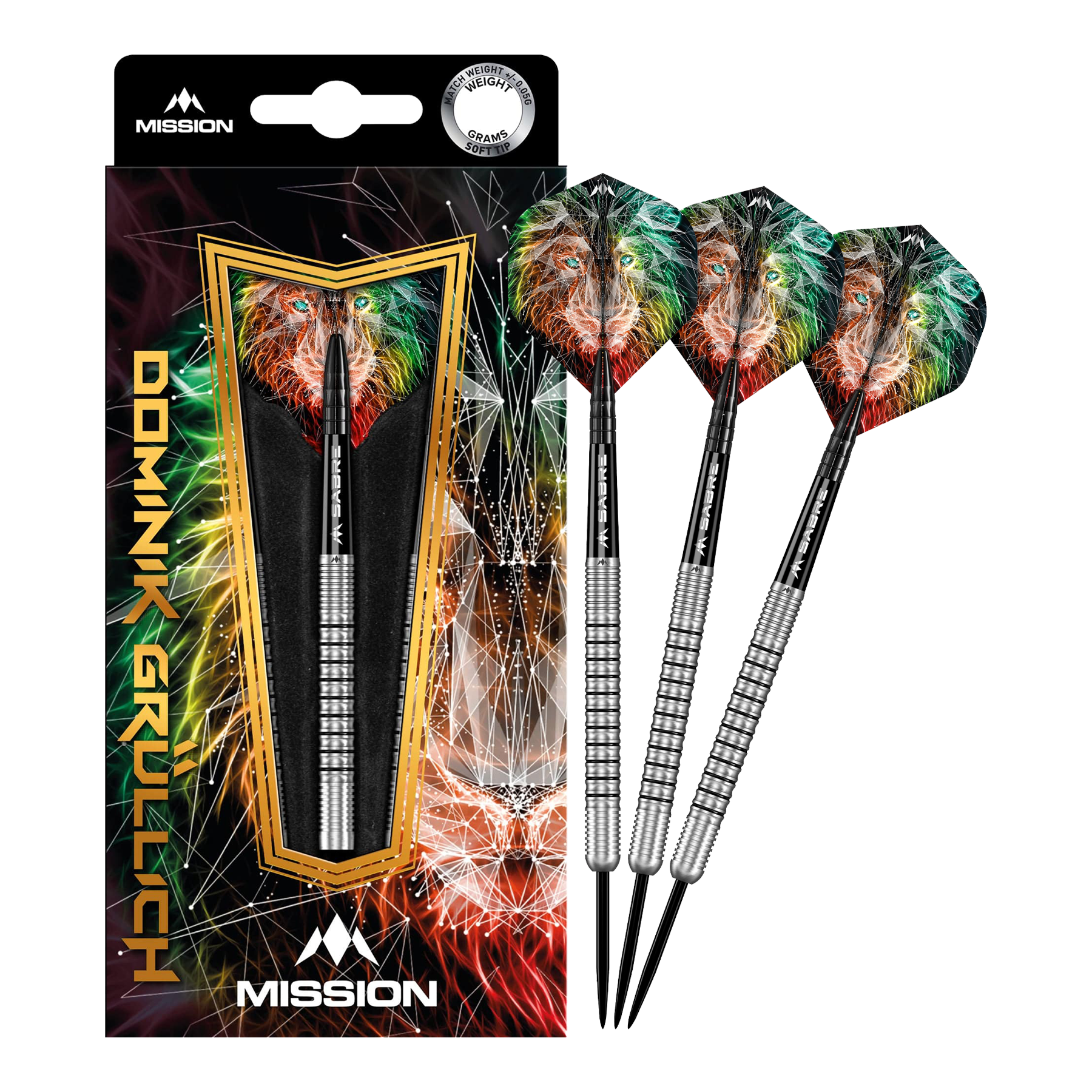 Missie Dominik Grüllich Steeldarts Das Bild zeigt das Produkt „Mission Dominik Grüllich Steeldarts - 23,5g“ mit einer farbenfrohen Verpackung und drei silbernen Darts. Die Flights der Darts sind mit einem bunten Löwenmotiv verziert.