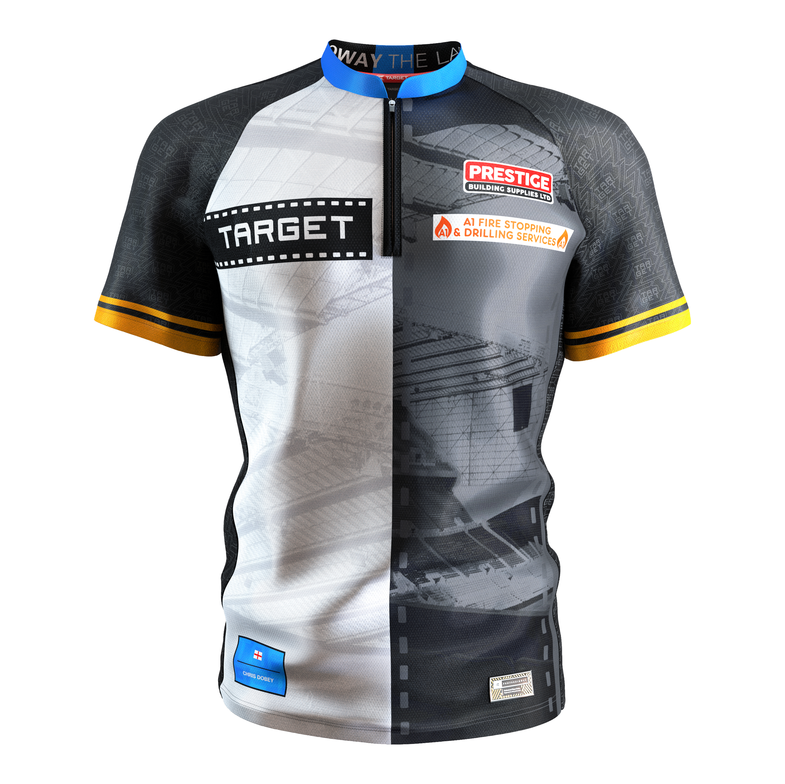 Target Coolplay Chris Dobey 2025 dartshirt Das Bild zeigt das "Target Coolplay Chris Dobey 2025 Dartshirt" mit auffälligen Sponsorenlogos auf der Vorderseite. Das Trikot hat ein modernes Design in Schwarz, Weiß und Grau mit gelben Streifen an den Ärmeln.