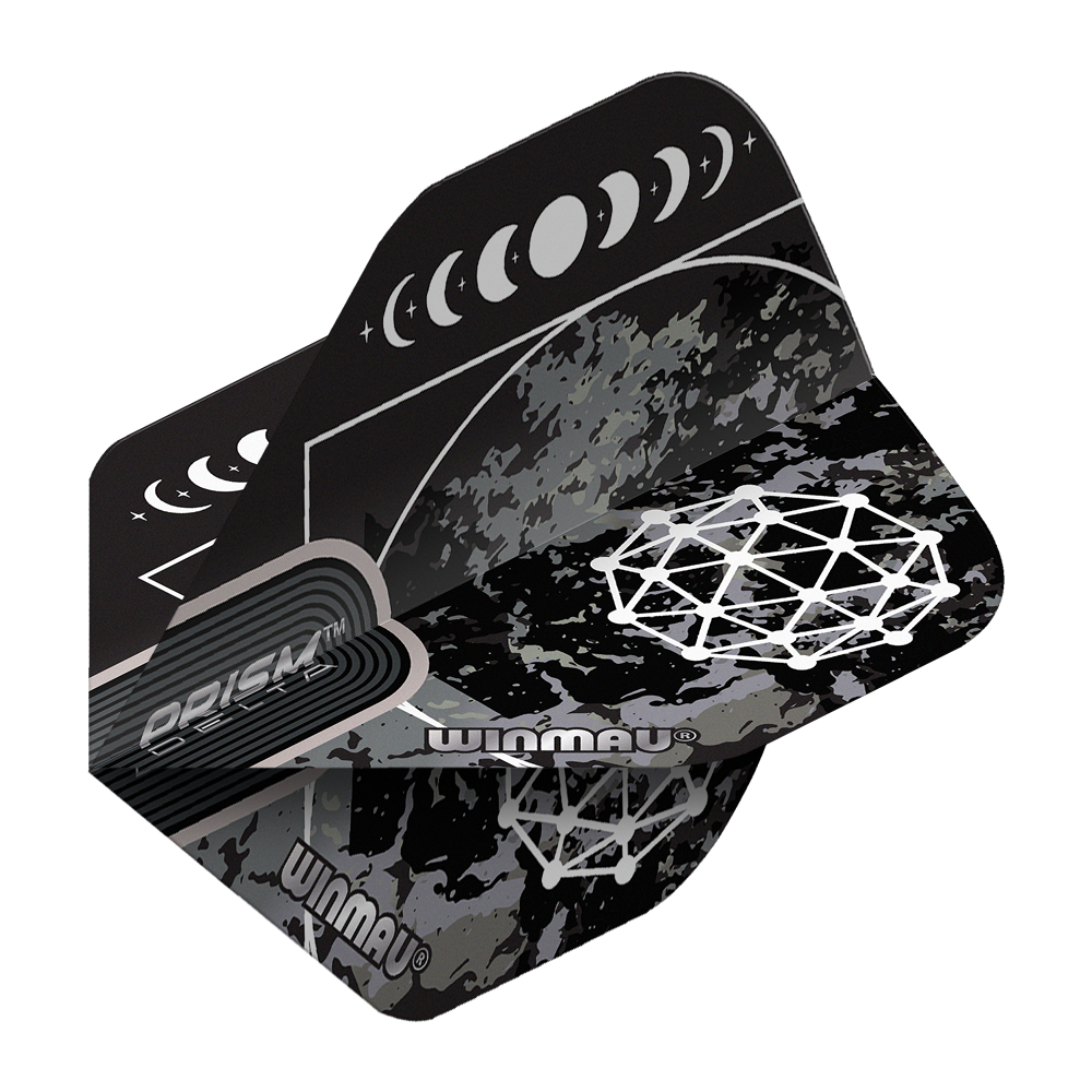 Winmau Prism Delta Callisto No2 Standaardvluchten Das Bild zeigt die Winmau Prism Delta Callisto No2 Standard Flights. Die Flights sind schwarz-grau gemustert und mit weißen grafischen Mondphasen und geometrischen Mustern verziert.