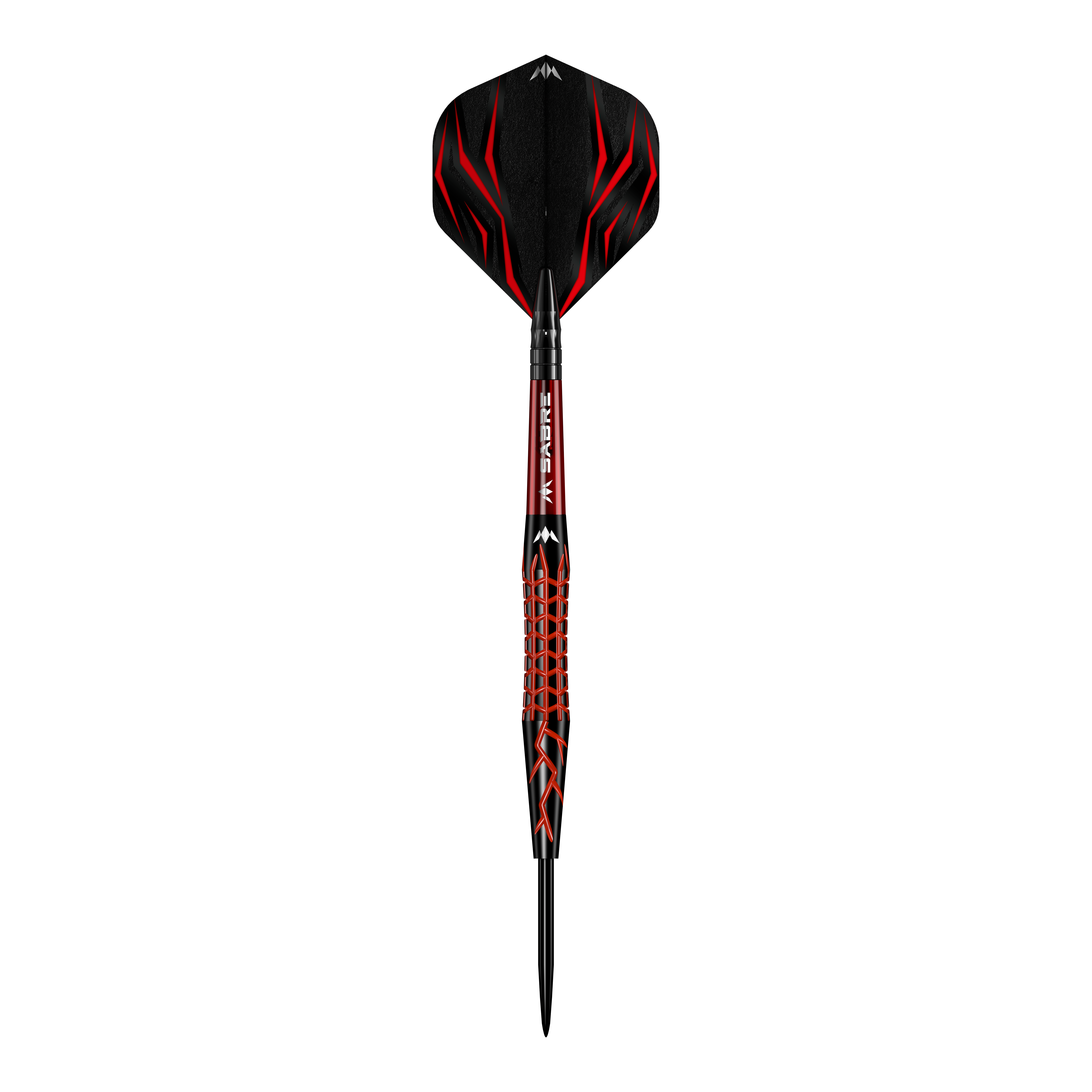 Missie Lava Steeldarts Das Bild zeigt einen Mission Lava Steeldart mit auffälligem schwarzen und roten Design. Der Dart hat eine strukturierte Oberfläche und eine spitze Metallspitze.