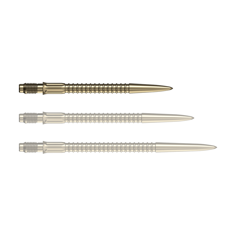 Mission R2.5 Rapid Point GV1 Dartpunten - Goud Goldene Dartspitzen liegen nebeneinander auf einer weißen Fläche. Diese Spitzen eignen sich für das Dartspiel.