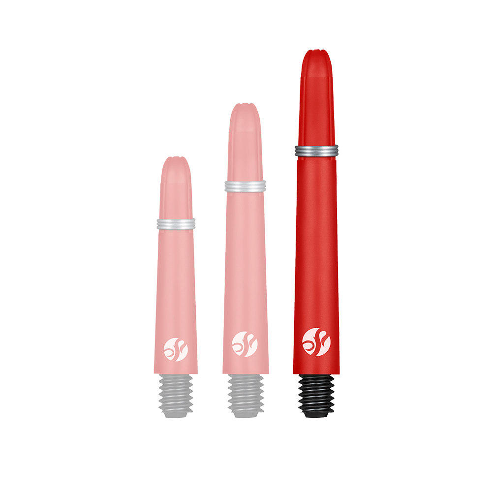 Shot Koi Carbon Shafts - Rood Auf dem Bild sind drei rote Dartschäfte in verschiedenen Längen zu sehen. Sie haben schwarze Gewinde und einen silbernen Ring in der Mitte.