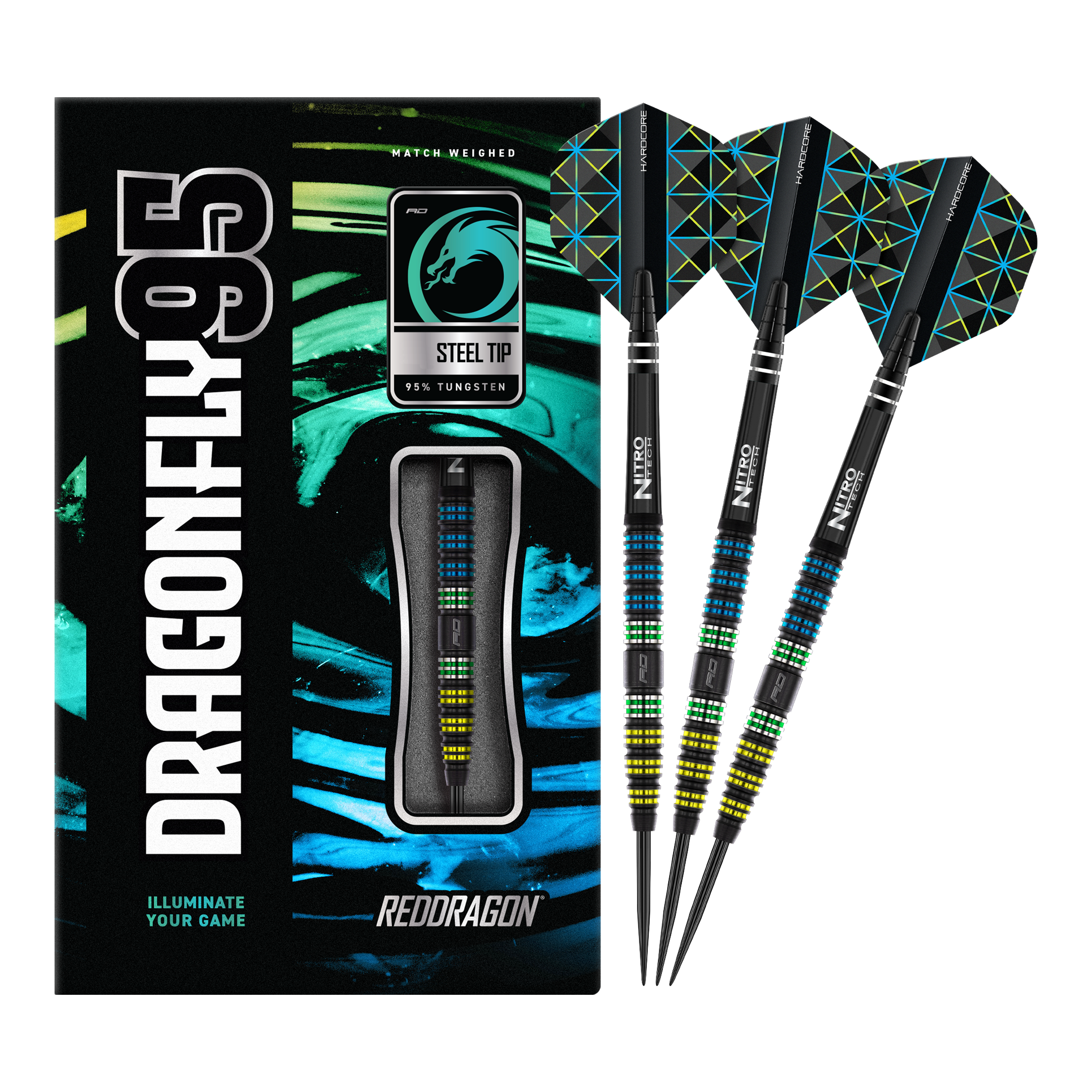 Red Dragon Dragonfly 95 Zwarte Taps Toelopende Stalen Darts Die Abbildung zeigt das Produkt "Red Dragon Dragonfly 95 Black Tapered Steeldarts" mit moderner, bunter Verpackung. Drei schwarze Steeldarts mit farbigen Akzenten und speziellen Flights sind daneben zu sehen.