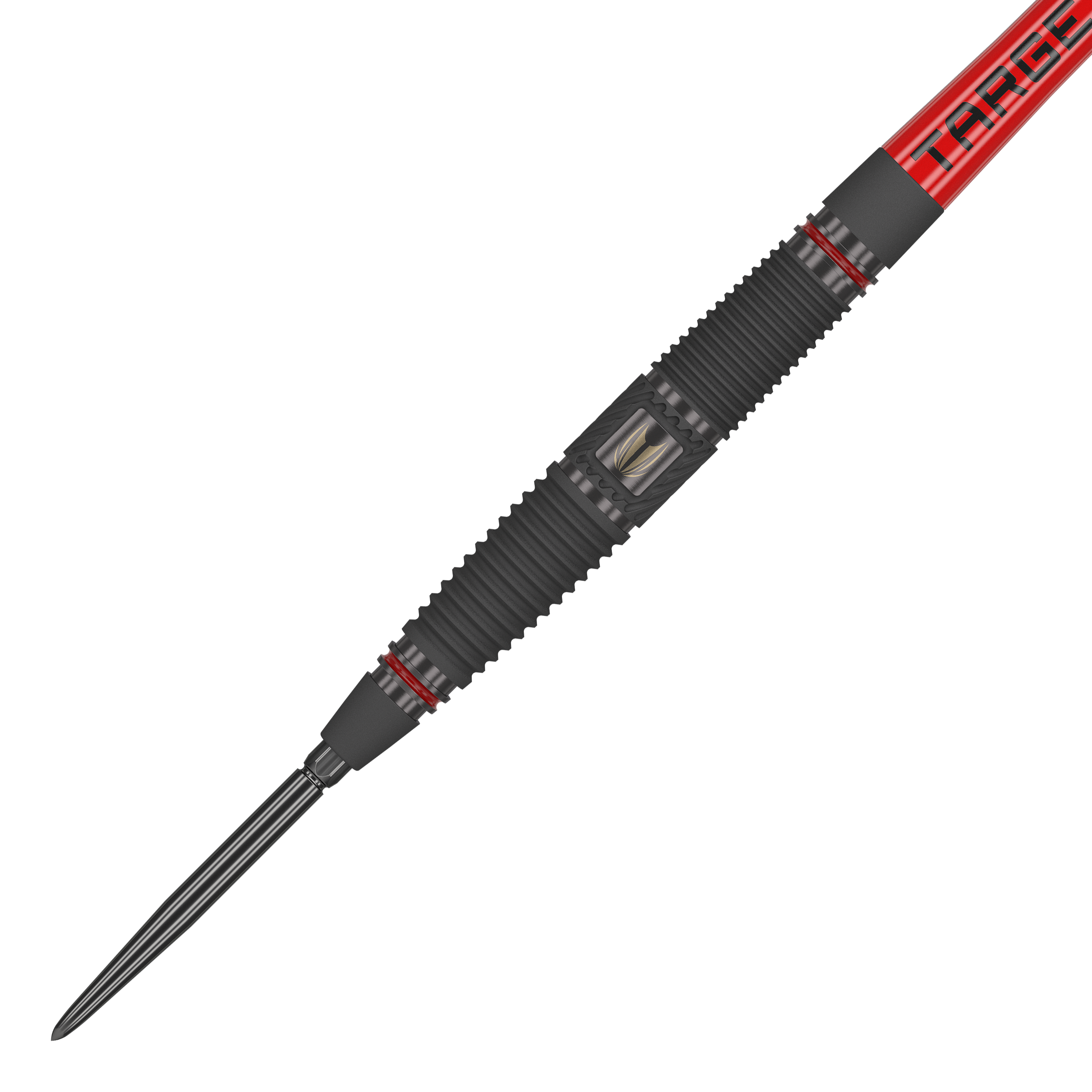 Target Scope 04 Swiss Point stalen darts Das Bild zeigt einen Target Scope 04 Swiss Point Steeldart. Der Dart hat ein schwarzes, geriffeltes Griffstück mit roten Akzenten und einer silbernen Spitze.