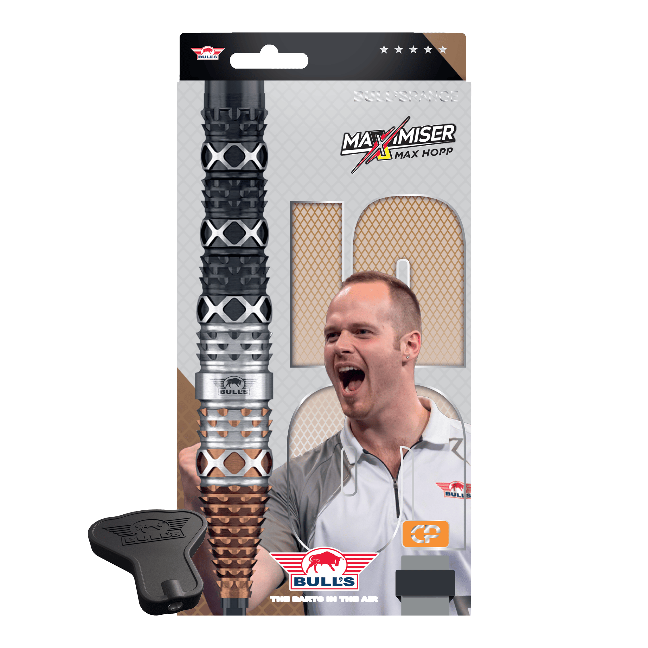 Abbildung der Bulls NL Max Hopp 95% Convertible Points Steeldarts. Die Darts sind detailreich gezeigt und richten sich an Dart-Enthusiasten.