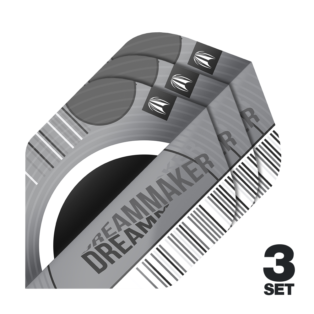 Target Pro Ultra Dimitri Van Den Bergh X Echo No2 Standaardvluchten - 3 sets Das Bild zeigt drei Sätze Target Pro Ultra Dimitri Van Den Bergh X Echo No2 Standard Flights. Die Flights sind in Grau- und Schwarztönen gestaltet und tragen den Schriftzug „Dreammaker“.