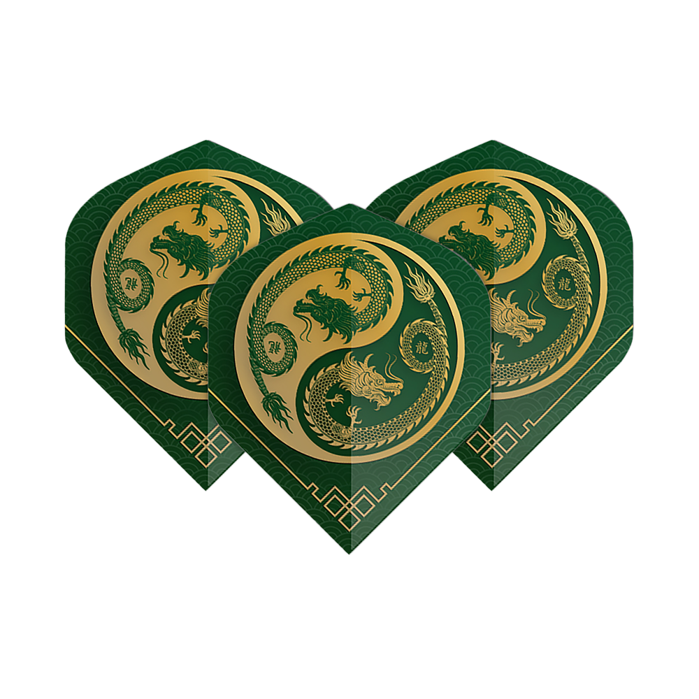 Pentathlon Vluchten Draakgroen Das Bild zeigt drei Pentathlon Dragon 3 Standard Flights in Grün und Gold. Auf jedem Flight ist ein kunstvoller Drache im Kreisdesign abgebildet.