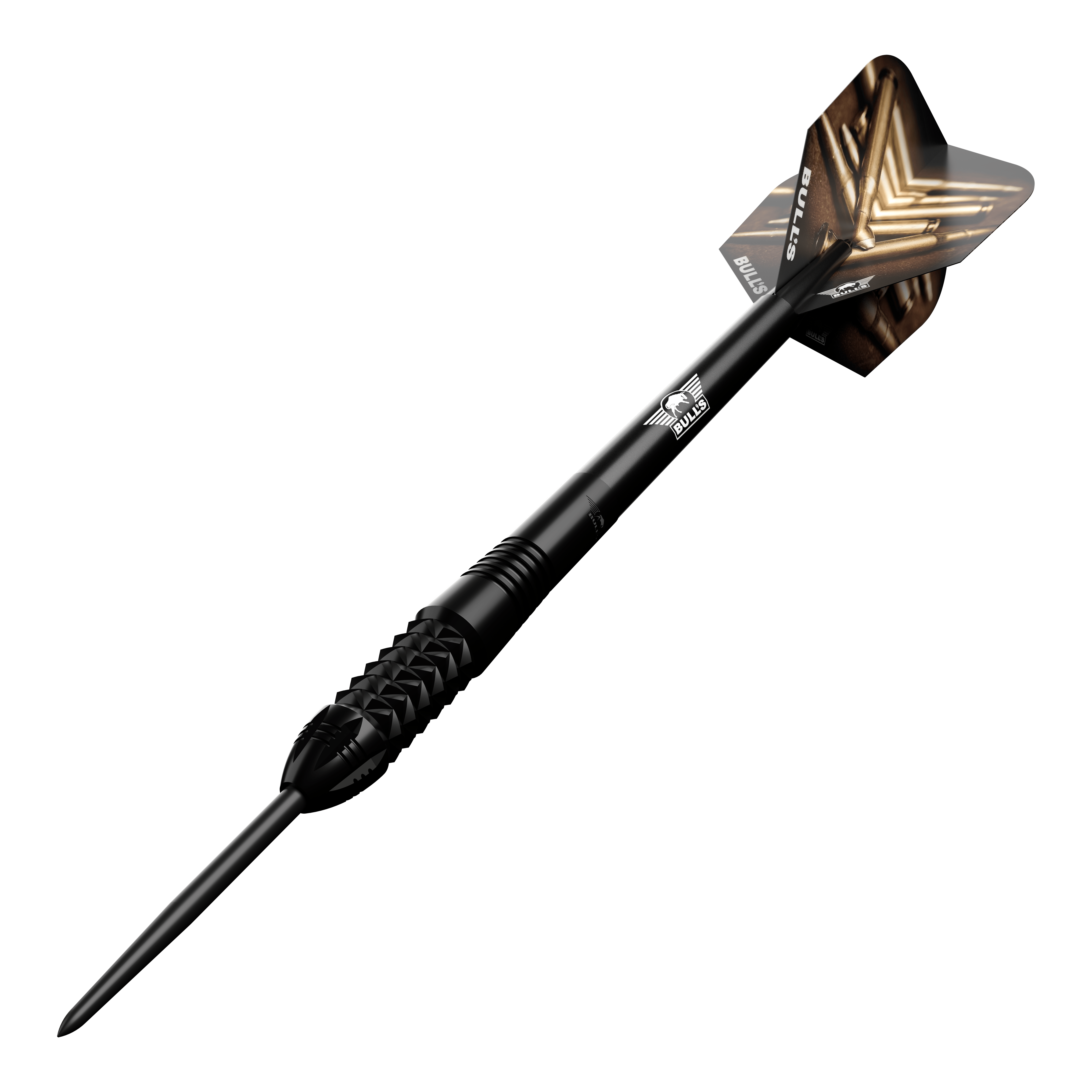 Bulls NL Caliber Black stalen darts Dieses Bild zeigt den Bulls NL Caliber Black Steeldart. Der Dartpfeil ist schwarz und hat ein auffälliges Design auf den Flights.