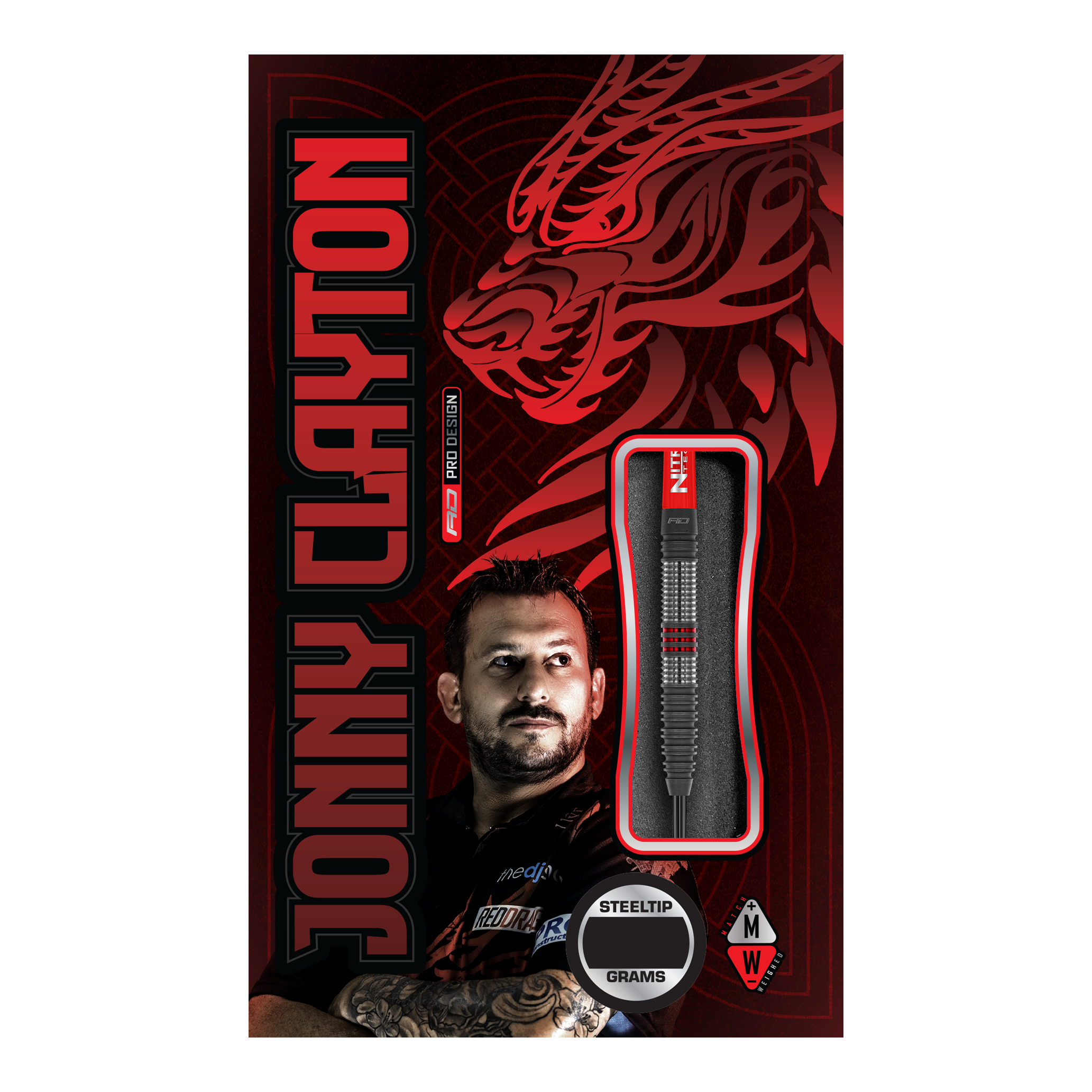 Red Dragon Jonny Clayton Hiraeth stalen dartpijlen Die Abbildung zeigt die Verpackung der "Red Dragon Jonny Clayton Hiraeth Steeldarts". Auf der Verpackung sind ein Porträt von Jonny Clayton sowie ein stilisierter roter Drache abgebildet.