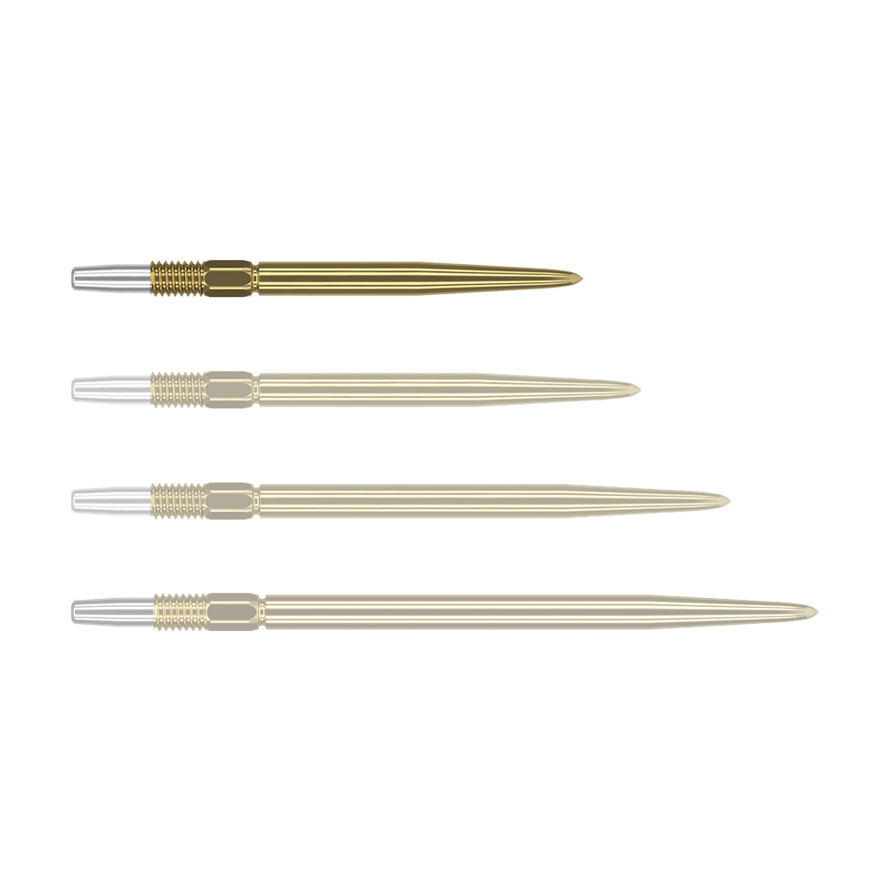 Target Swiss Point Gold darttips Das Bild zeigt vier goldene Dartspitzen, die nebeneinander ausgerichtet sind. Die Spitzen haben ein silbernes Gewinde am Ende.