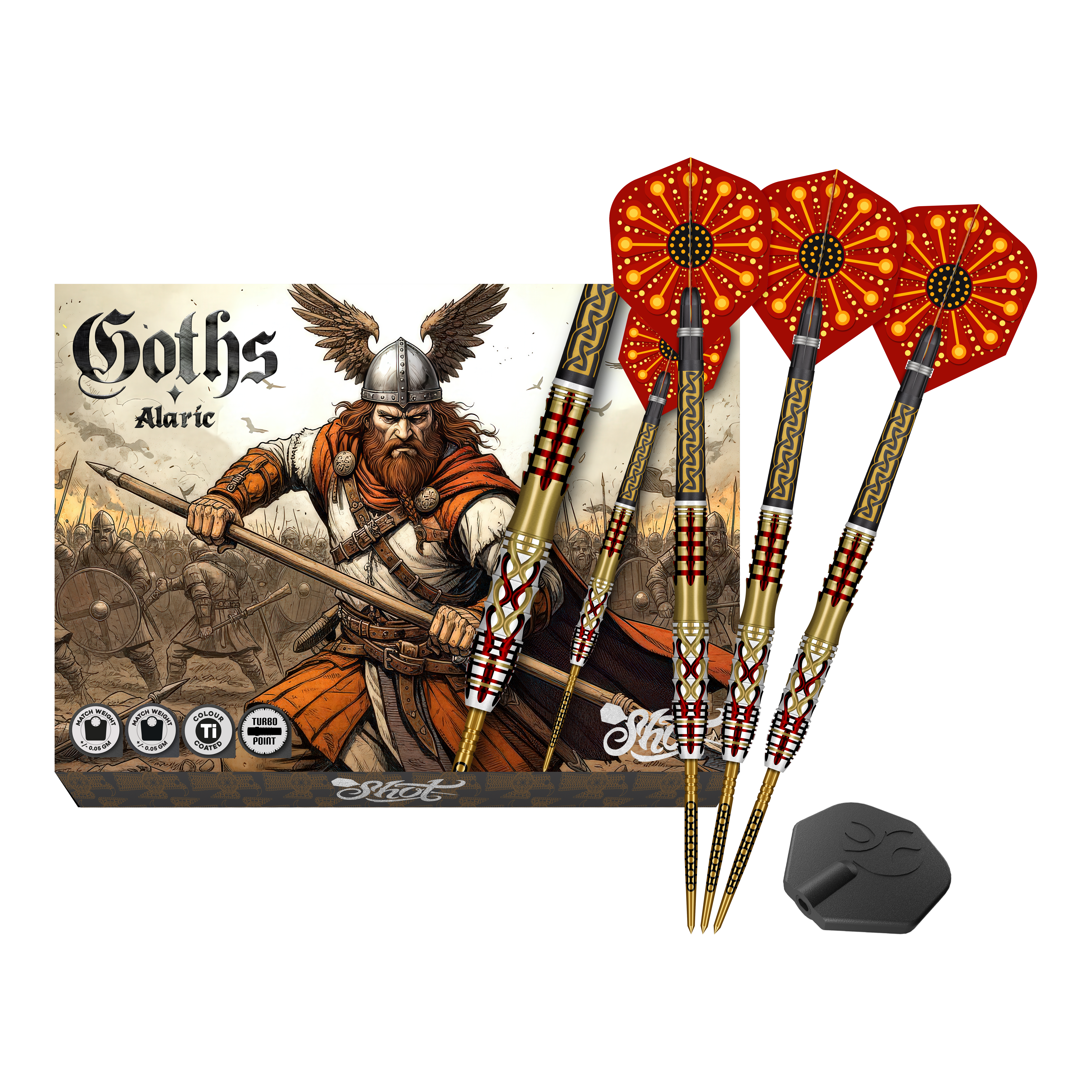 Shot Goths Alaric Turbo Point stalen dartpijlen - 23 g Abgebildet sind die Shot Goths Alaric Turbo Point Steeldarts - 23g. Die Darts eignen sich besonders für Steeldartspieler.