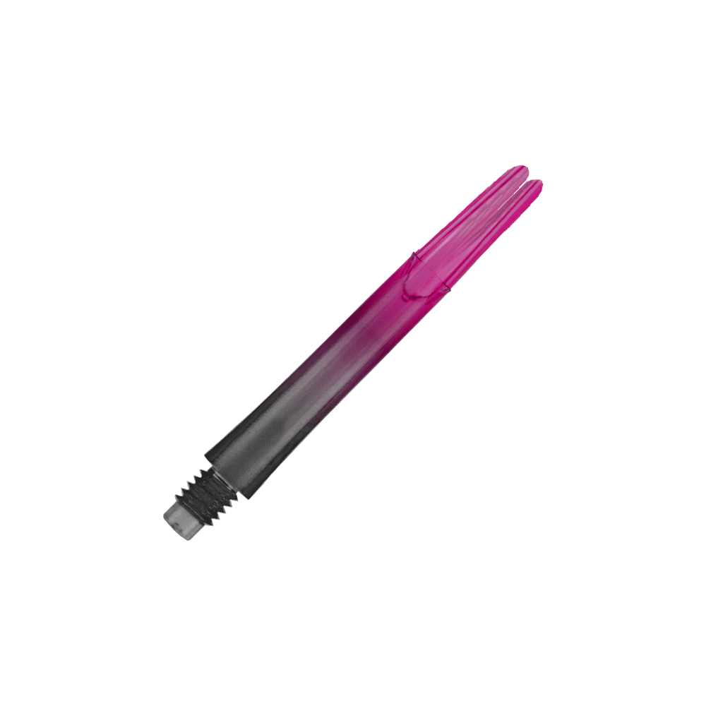 L-L-Style-Shaft Vergrendeld Recht Natural9 Tweekleurige Shafts - Roze Das Bild zeigt einen zweiteiligen Dart-Schaft in den Farben Schwarz und Pink. Der Schaft hat ein Schraubgewinde auf einer Seite und ist gerade geformt.