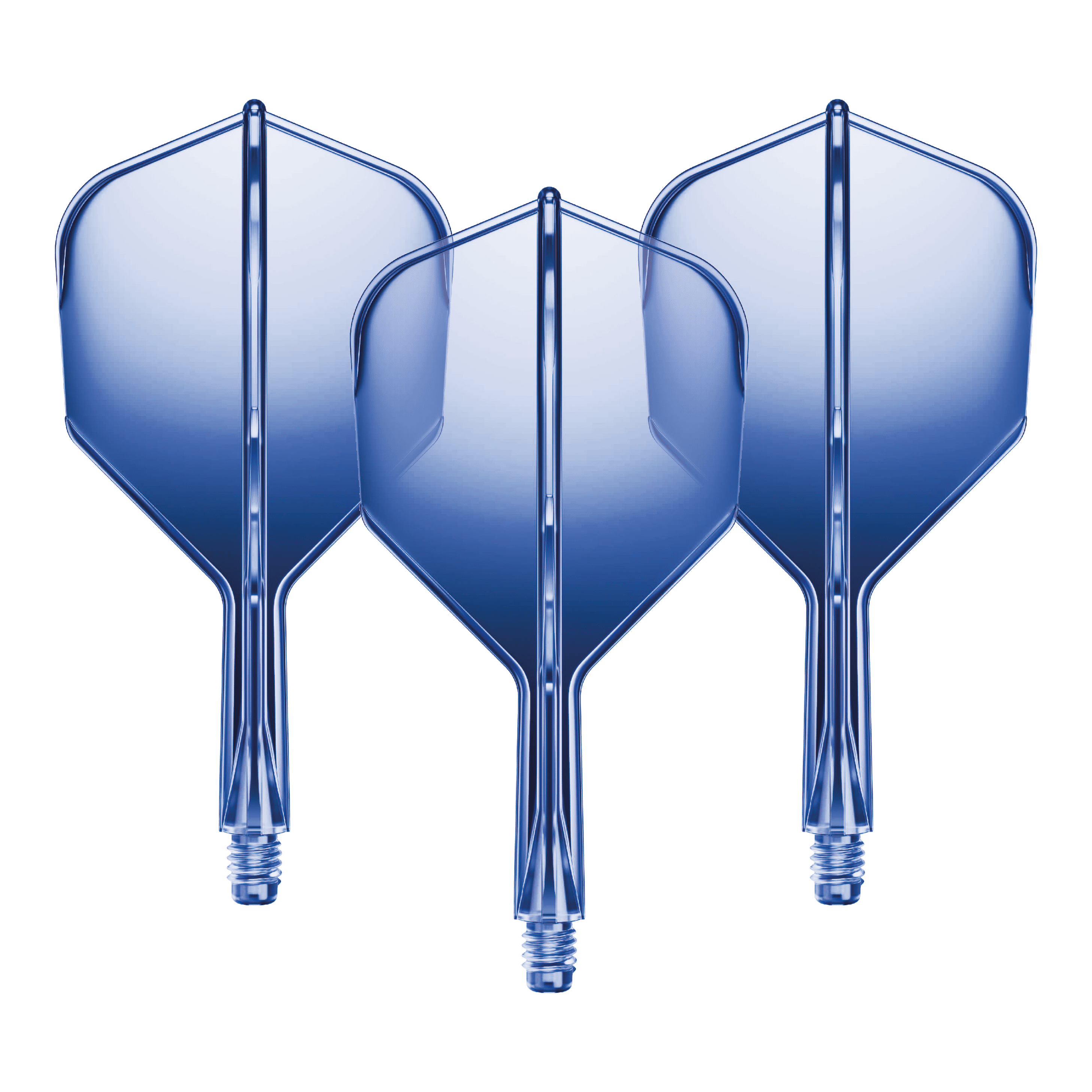 GOAT A1R No6 Flight Shaft System - Blauw Auf dem Bild sind drei blaue Dartflights mit kurzen Schäften zu sehen. Sie stehen nebeneinander und haben eine glänzende Oberfläche.