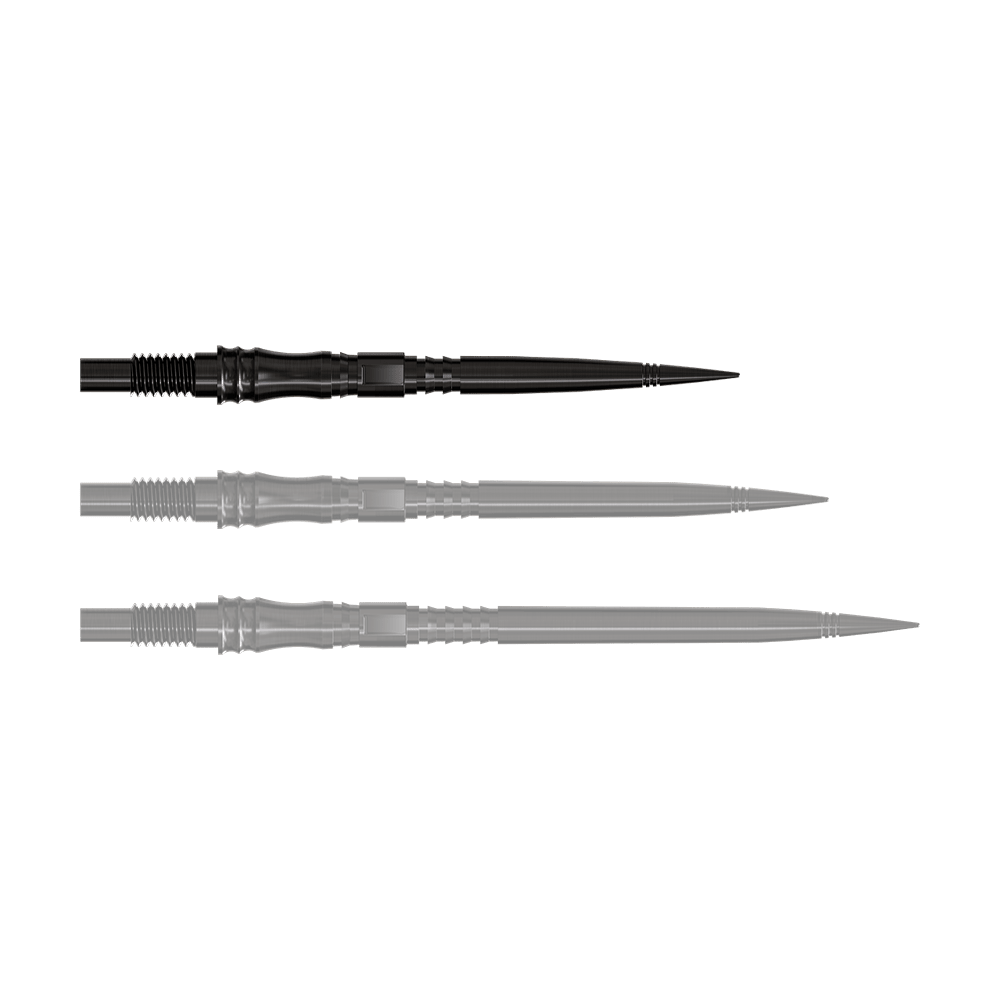 Apex Axis Black Elite Serie Dartspitzen in 30mm werden gezeigt. Die Spitzen sind schmal und schwarz.