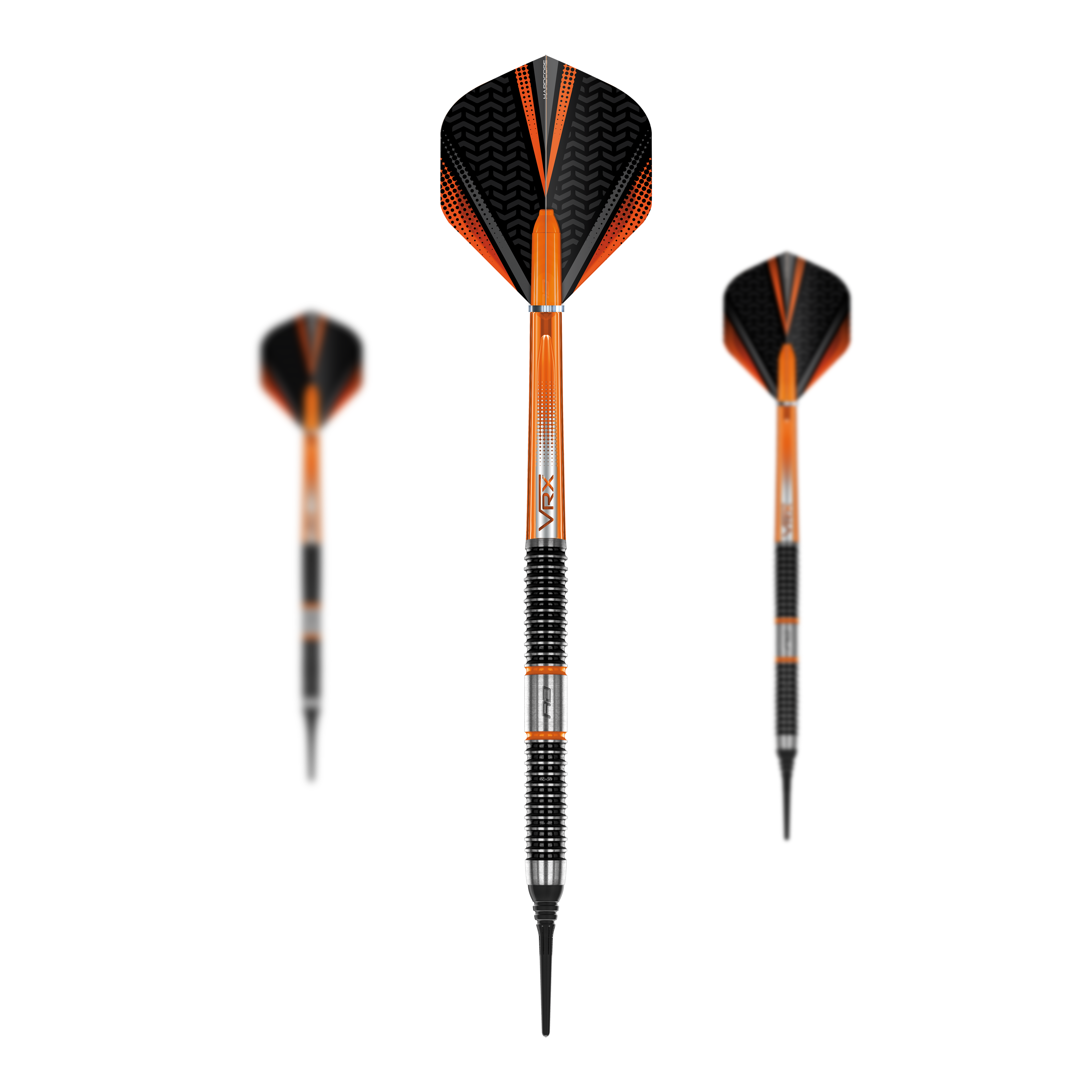 Red Dragon Amberjack 18 zachte darts - 20g Das Bild zeigt drei Softdarts des Modells „Red Dragon Amberjack 18 Softdarts - 20g“. Die Darts sind überwiegend orange und schwarz mit silbernen Rillen am Griff.