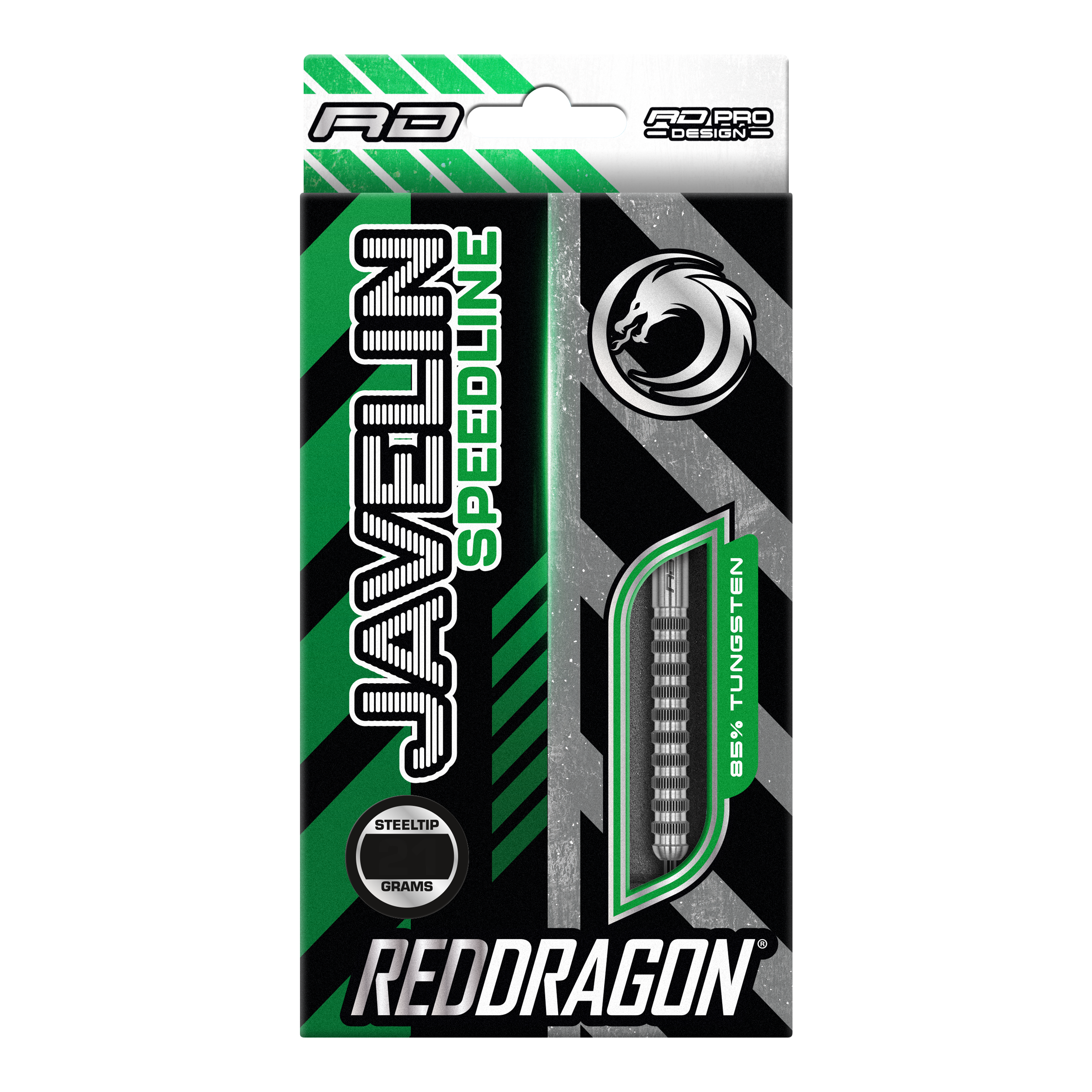 Red Dragon Javelin Speedline stalen darts Die Abbildung zeigt die Verpackung der "Red Dragon Javelin Speedline Steeldarts". Die Packung ist grün, schwarz und silber, mit einem Sichtfenster für die Darts und auffälligem Drachen-Logo.
