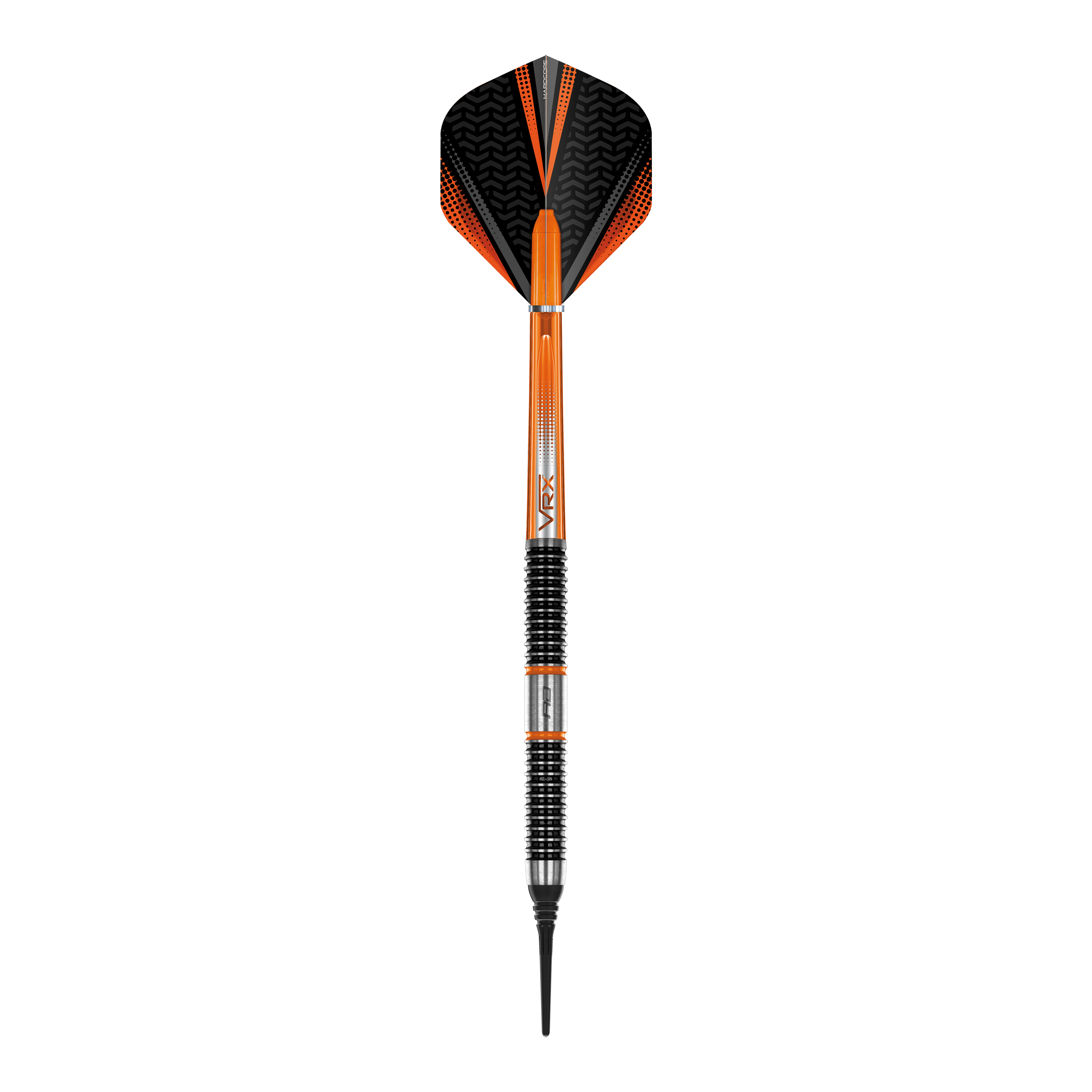 Red Dragon Amberjack 18 zachte darts - 20g Das Bild zeigt einen Softdart aus der Serie "Red Dragon Amberjack 18" mit einem Gewicht von 20 Gramm. Der Dart ist überwiegend schwarz und orange gefärbt und verfügt über einen geriffelten Griffbereich.