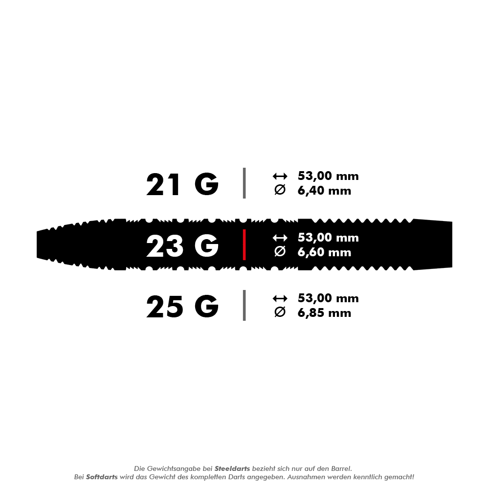 190051_Target_Bolide_01_Swiss_Point_Steeldarts_5_23g Das Bild zeigt die Maße und Gewichte der "Target Bolide 01 Swiss Point Steeldarts". Die Darts sind in 21g, 23g und 25g erhältlich, jeweils 53 mm lang und mit unterschiedlichen Durchmessern.